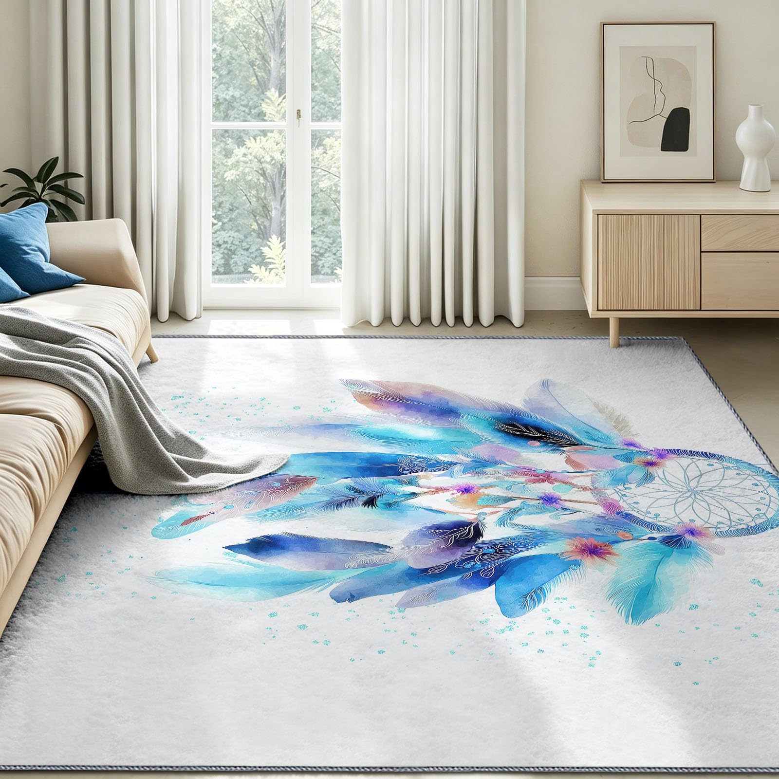 Generisch Teppich Wohnzimmer 120 x 180 cm Aquarellmalerei Carpets Innen, Waschbare Teppiche, Traumfänger Feder Große Teppich, Weiche Carpet rutschfest, Schlafzimmer, Esszimmer, Büro, Weiß