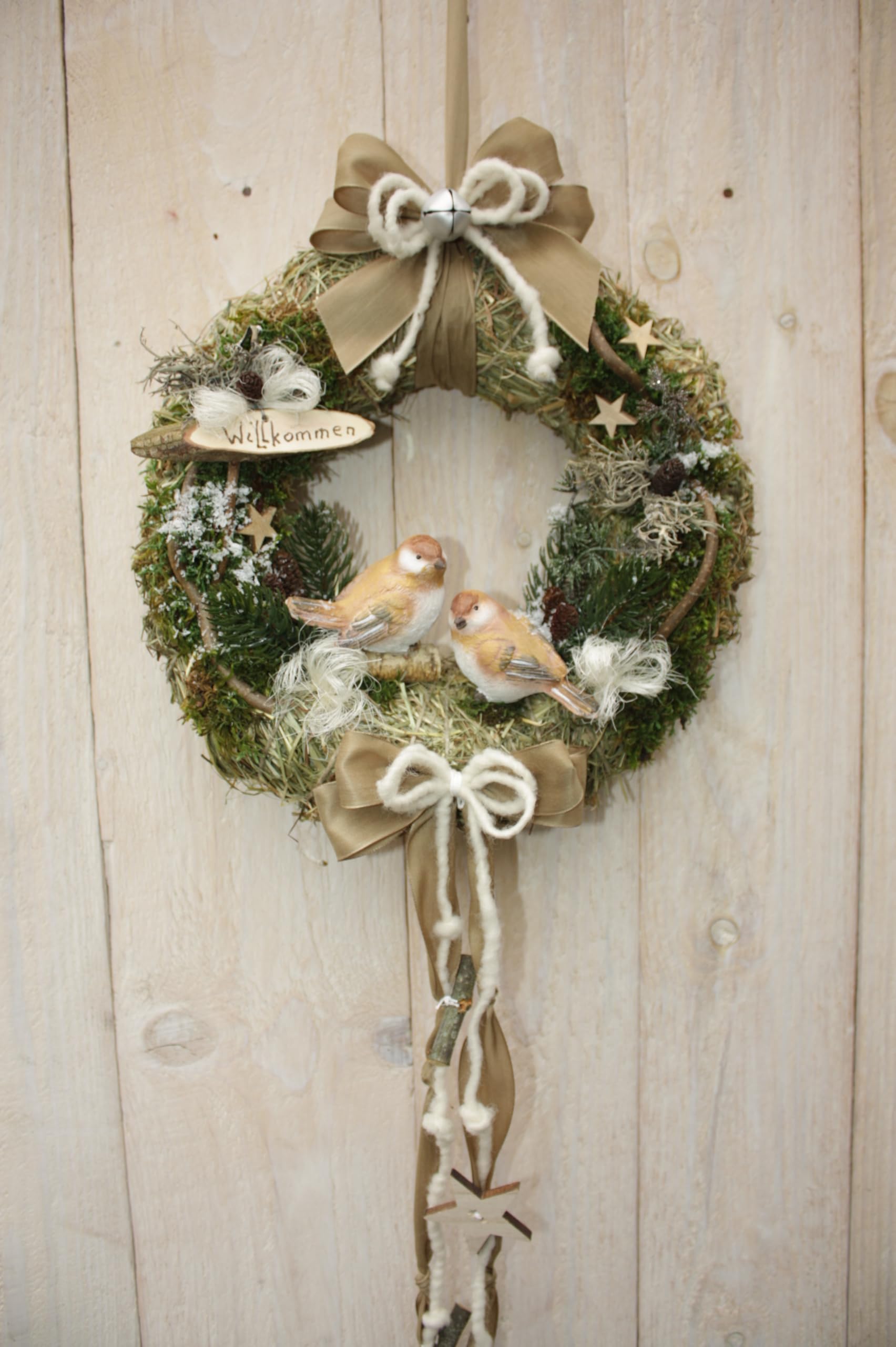 Türkranz D32 cm mit Zwei Vögel beige Taupe weiß Winter