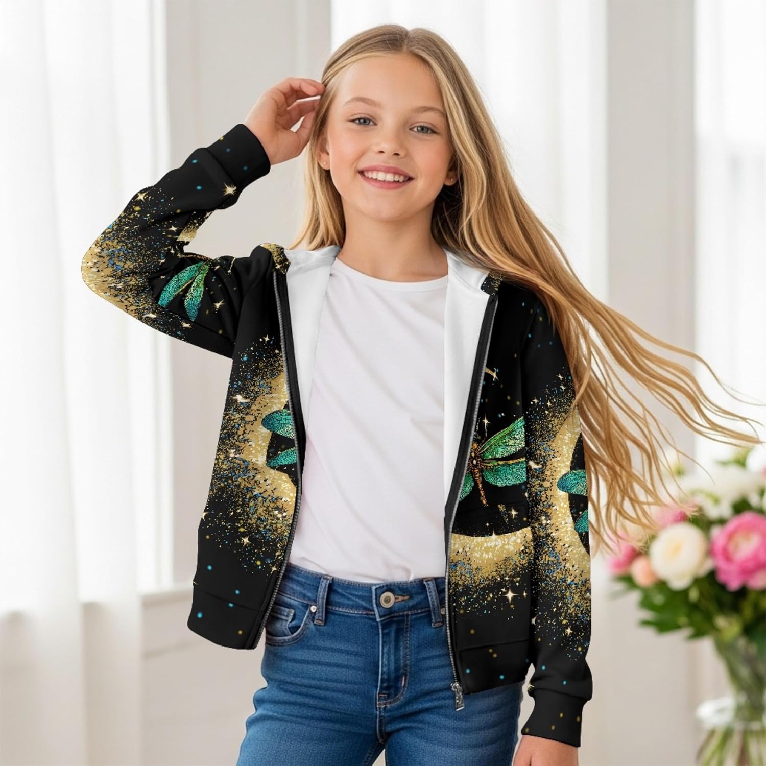 Girls Hoodie Zip Up Animal Print Long Sleeve Hooded Sweatshirt Lightweight Fall Spring Thin Jacket Casual Outwear
