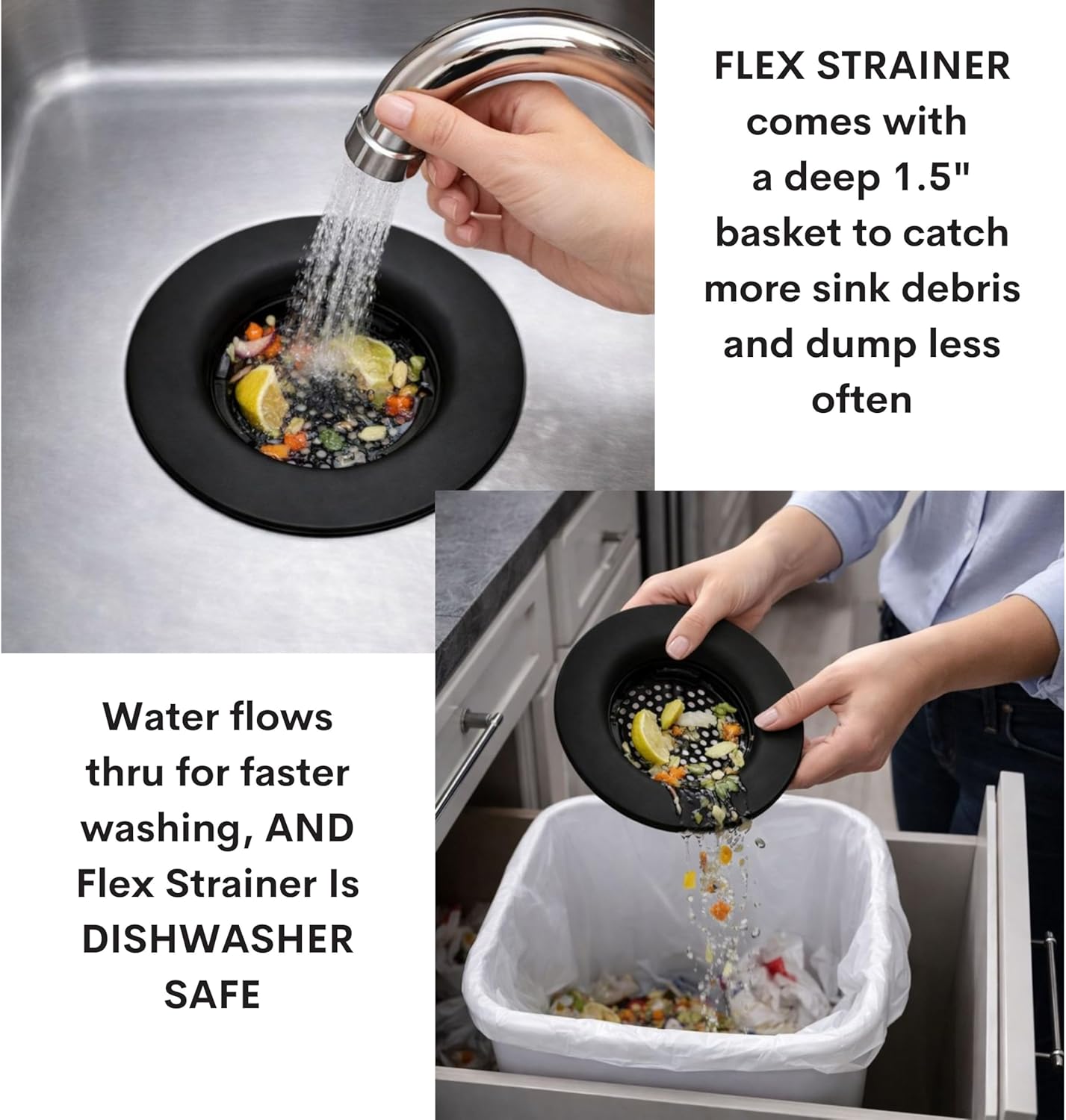 Flex Strainer® Sink Drain Strainer with Optional Stopper – No Center Stem, Fits Standard 3½” Sink Drains & Disposals – Easy Clean, Dishwasher Safe – Made in USA – Black, 2-Pack