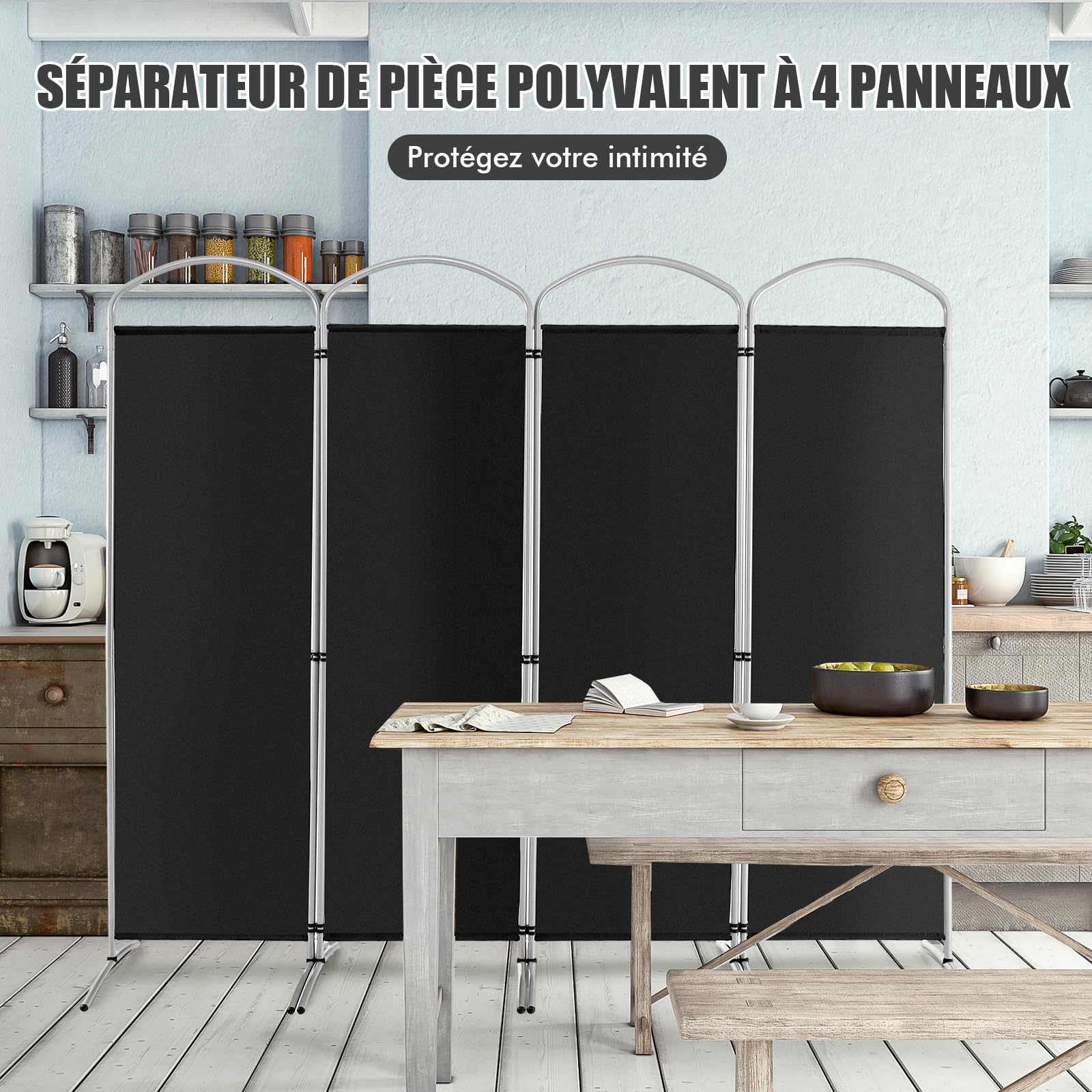 COSTWAY Grand Paravent Pliant à 4 Panneaux, Séparateur de Pièce Pliable, Séparateur d’Ecran en Tissu Autoportant, Cloison de Pièce Extra Large, pour Salon/Chambre/Bureau (4 Panneaux, Noir)