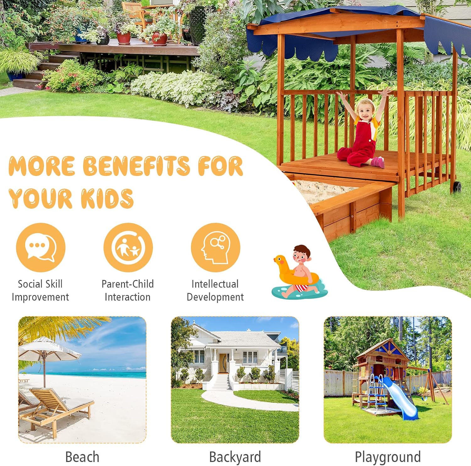 HONEY JOY 3 in 1 Kids Sandbox with Playhouse and Canopy, Wooden Cedar Bottomless Sand Pit for Backyard w/Wheels, Guardrails & Cover, Portable Sand Boxes for Kids Outdoor with Lid