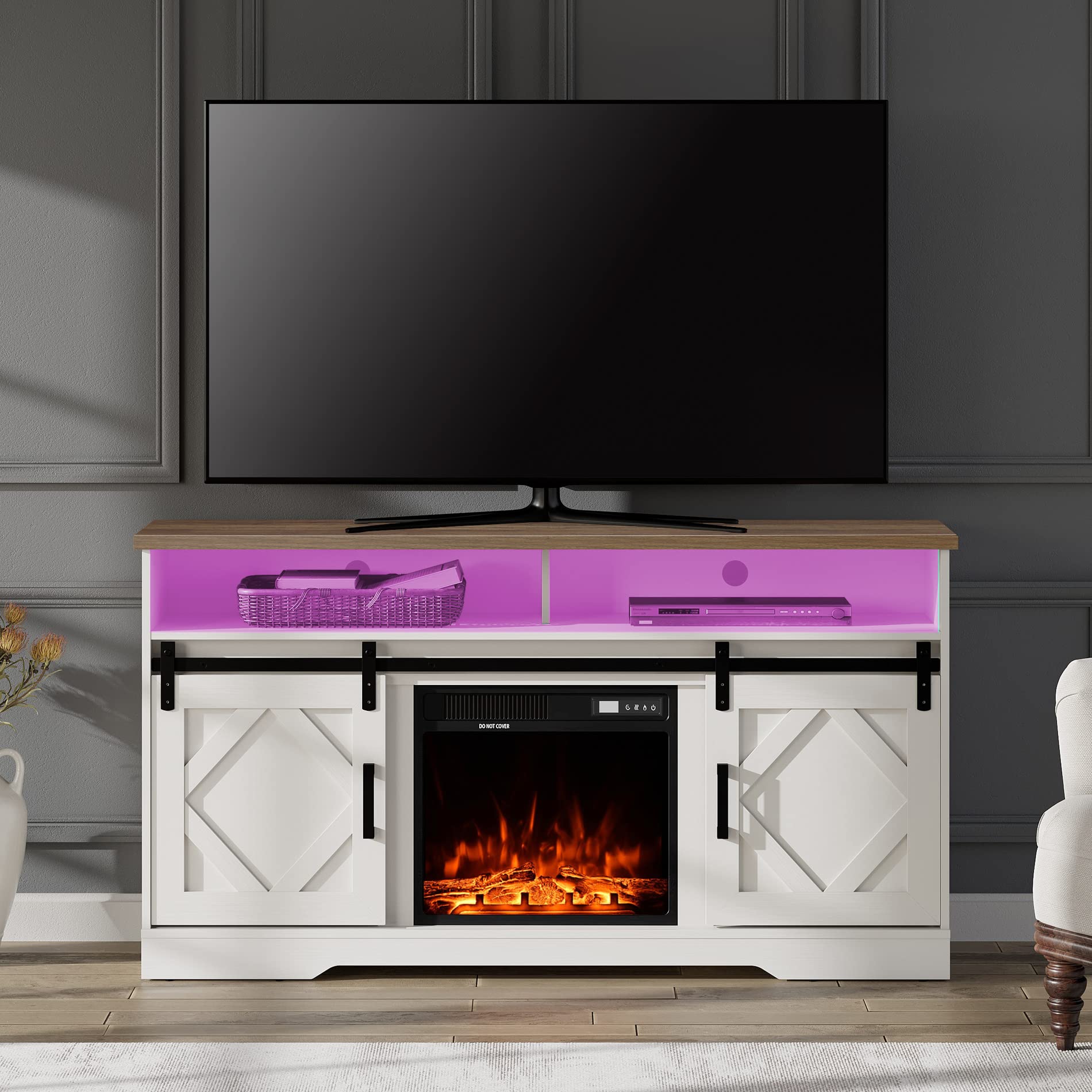 Amazon.com: Fireplace TV Stand with RBG LED Light for TVs Up to 65 Inch,  Farmhouse Wood Electric Fireplace Entertainment Center with Storage 2  Heating Mode and 5 Brightness for Living Room, White :