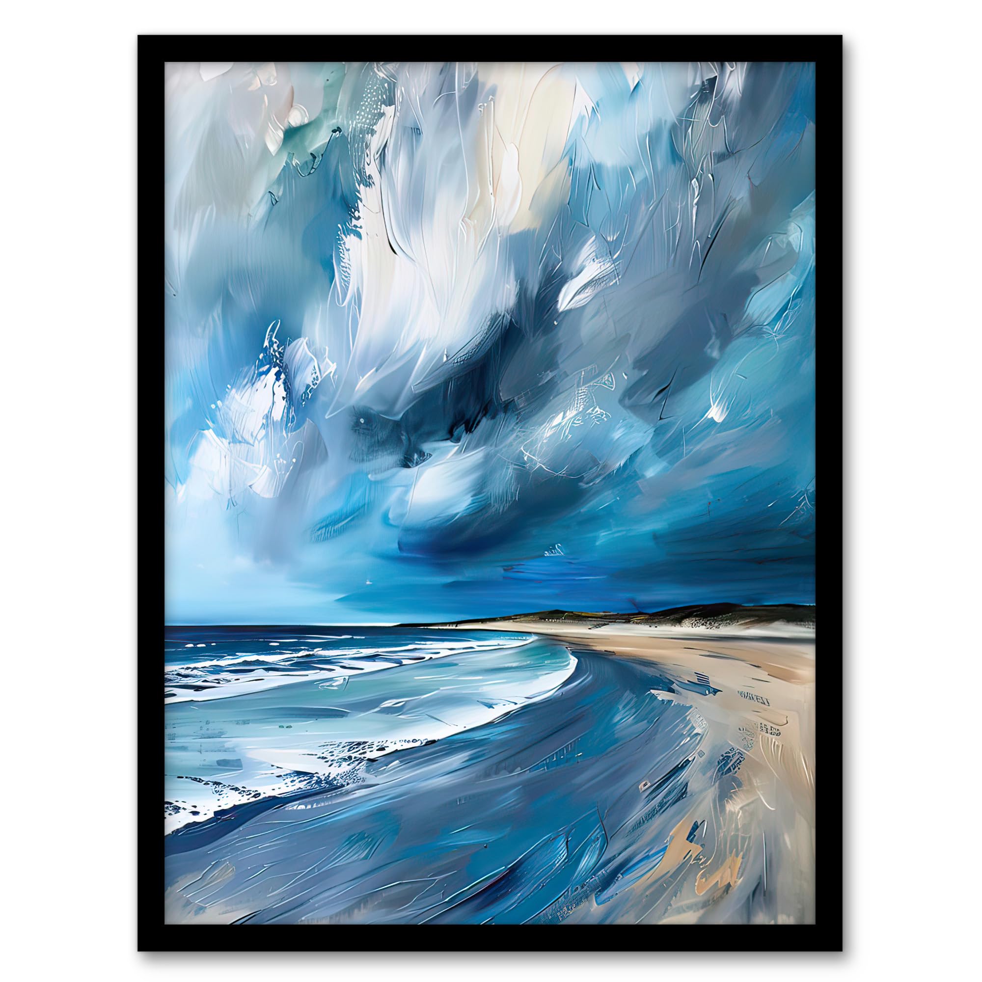 Artery8 Scottish Sandy Bay Oil Painting Stormy Sky Blue Bathroom Toilet Artwork Framed Wall Art Print 18X24 Inch
