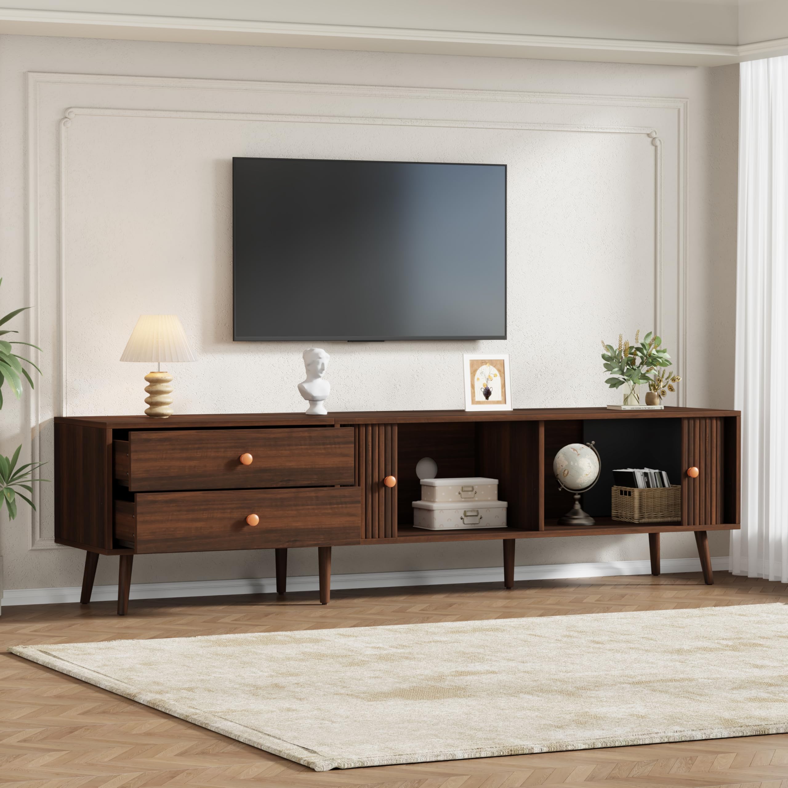Mueble para TV de 180 x 40 x 46,5 cm, efecto nogal, con dos cajones, dos puertas enrollables y 7 patas. Adecuado para televisores de hasta 80 pulgadas. Mueble bajo, armario de salón, soporte