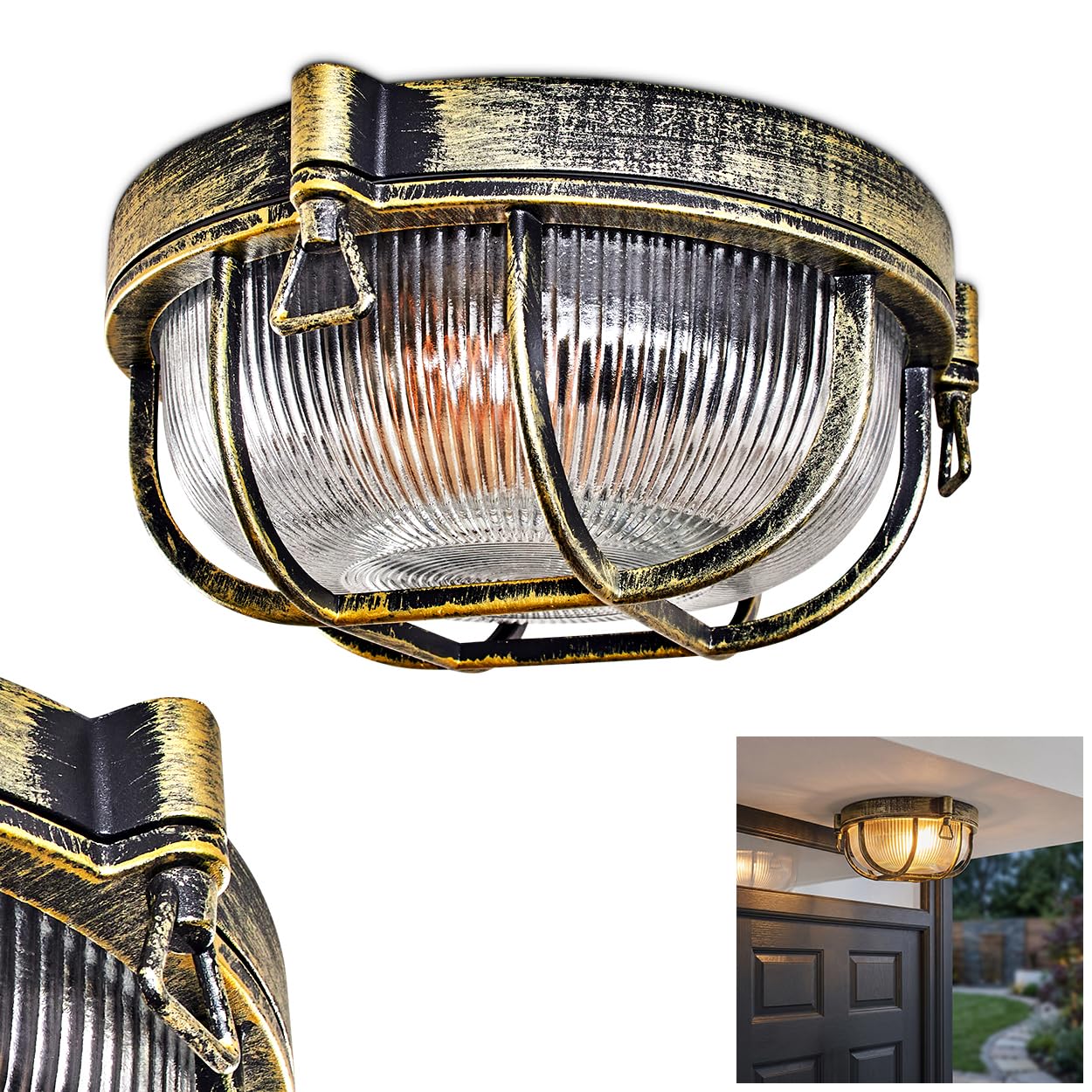 Hofstein Plafonnier d'Extérieur Godel Métal Verre Strié Noir Doré Transparent E27 IP44