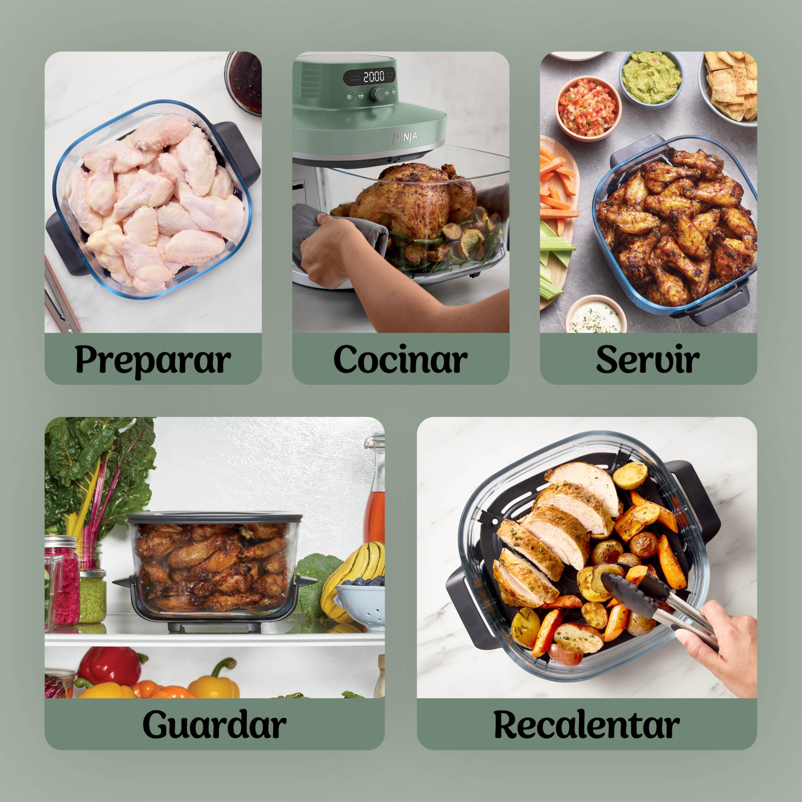 Ninja CRISPi PRO XL Glas-Heißluftfritteuse (Air-Fryer), 5 voreingestellte Zubereitungsfunktionen, CleanCrisp-Glasbehälter (5,7 l und 2,3 l) und Aufbewahrungsdeckel, Moosgrün AS090EUGN