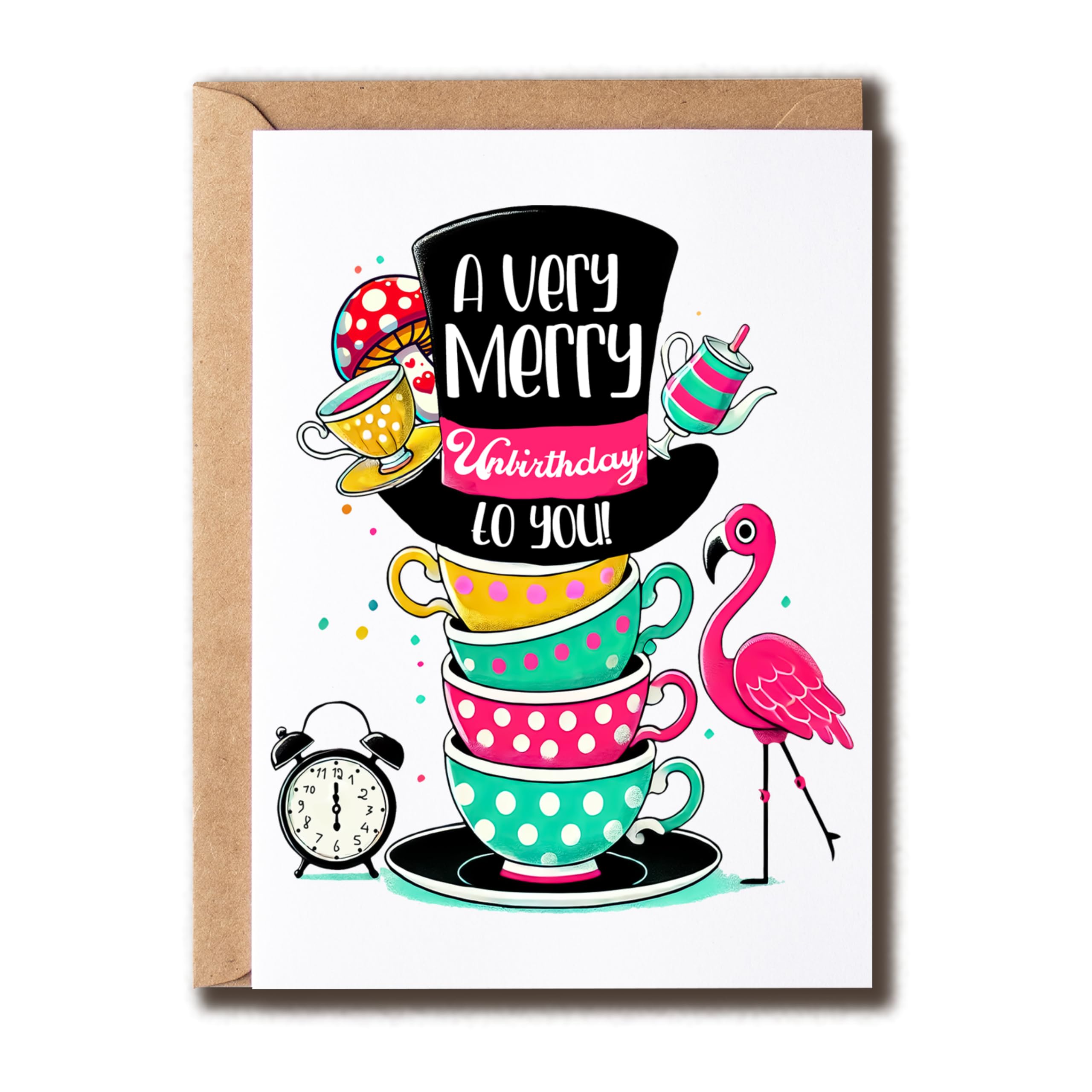 GoGi93Art A Very Merry Unbirthday To You Card - Tea With Magic Hat Card - Wonderland Birthday - Greeting - Blank Inside - Adults - Kids