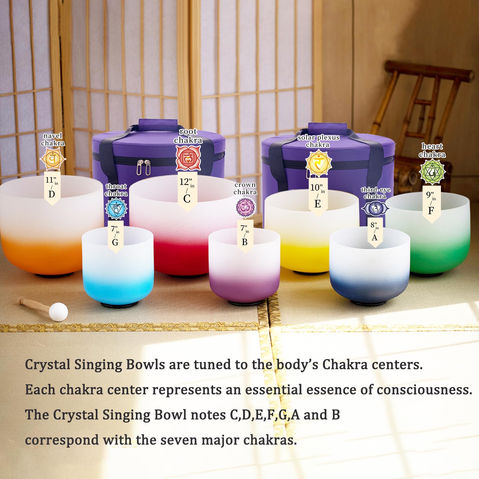 Hye-eun 7 campane tibetane in cristallo da 17,8 a 30,5 cm, 432 Hz, per yoga, meditazione, con custodia resistente (sfumato colore, 7 pezzi)