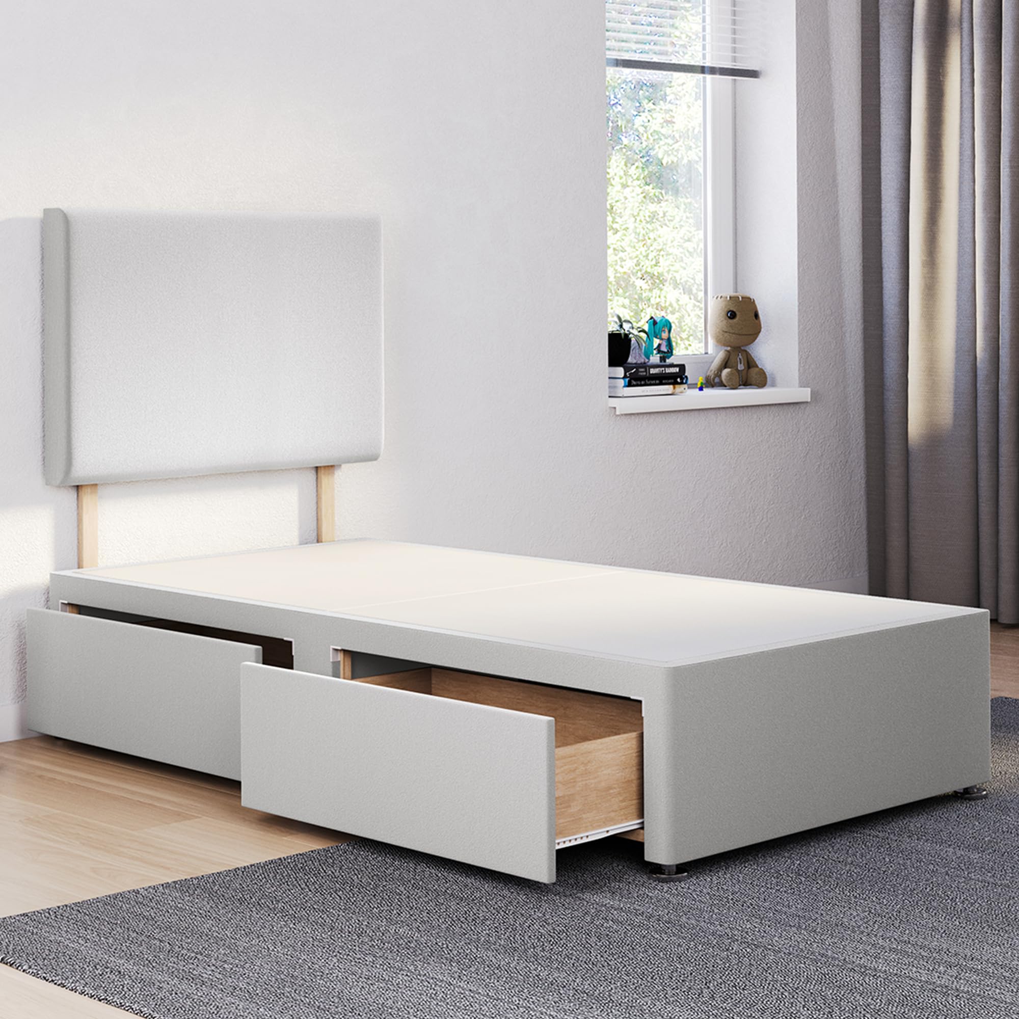 ComfoRest - Luxurious 3FT Single Divan Bed with 2 Drawers & Plain 24" Headboard | Sturdy Base with Storage for Compact Rooms (Silver Plush)