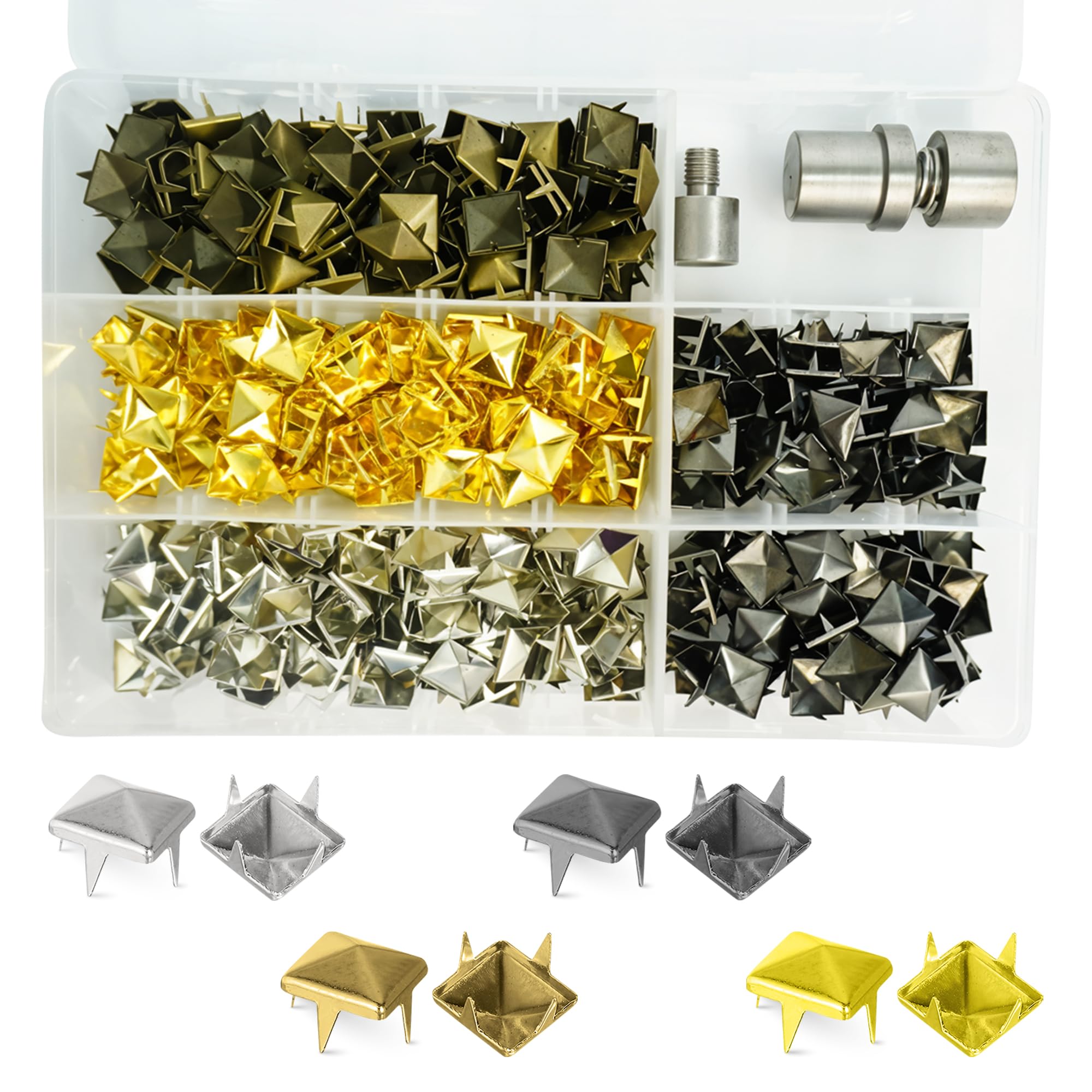 Trimming Shop Juego de tacos y troqueles de pirámide de metal de 12 mm, kit de 400 piezas para chaquetas, bolsos, ropa, manualidades, para prensa de máquina verde con caja de almacenamiento