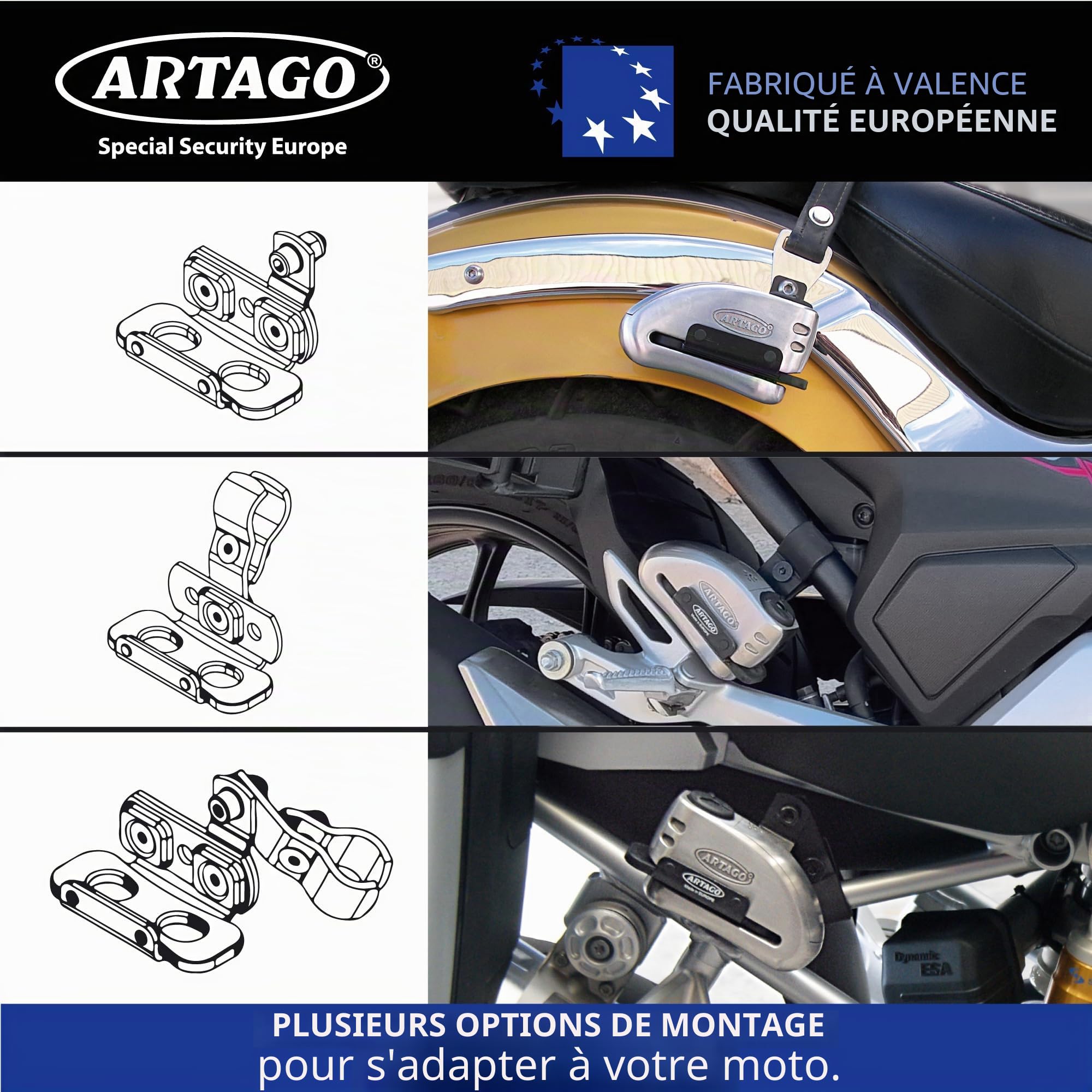 ARTAGO K202 Support de Transport pour Antivol de Disque ARTAGO 32 | Tubes de 18 à 25 mm ou Vis de Moto | Acier Noir avec Silentblocs Antivibrations | Accessoire Moto