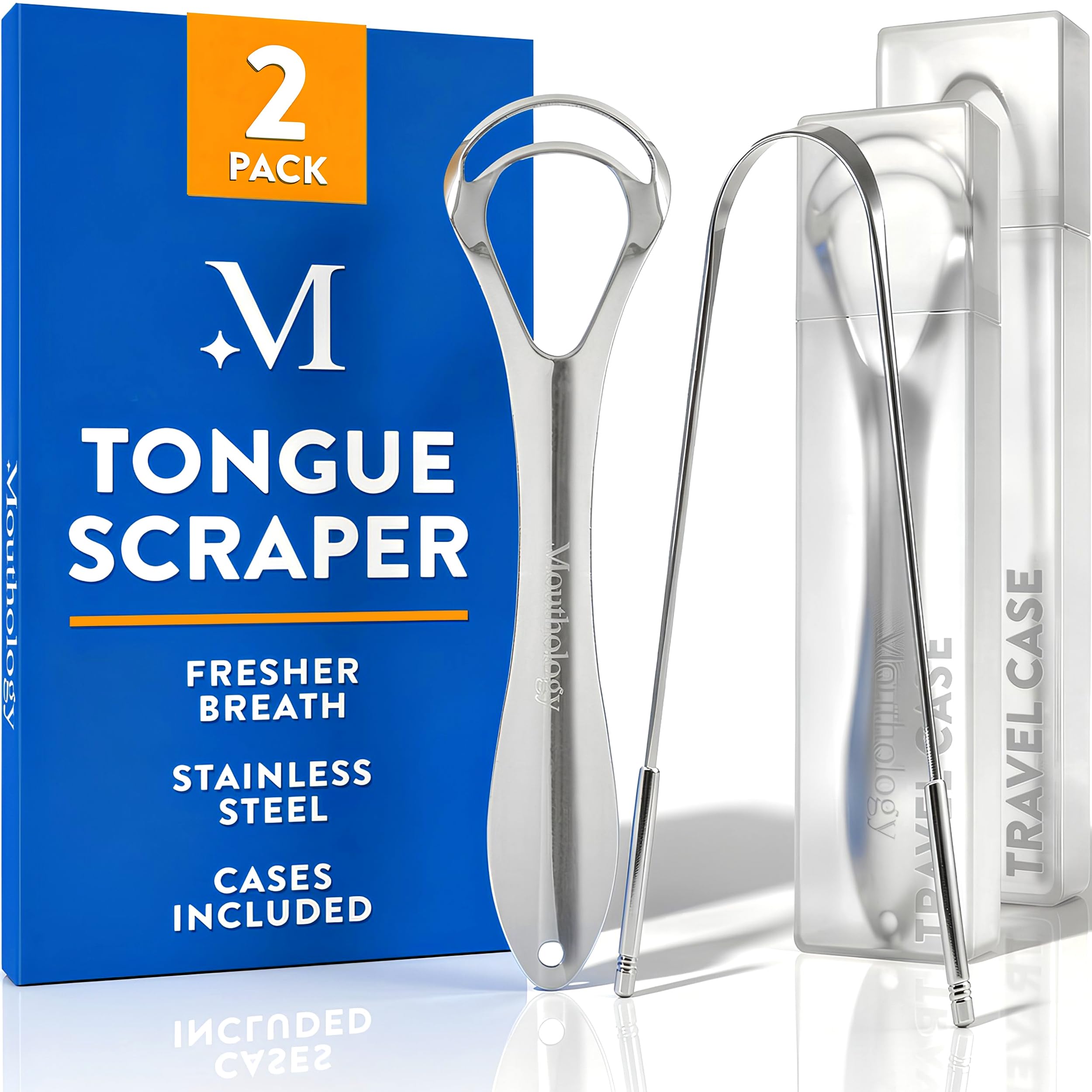 Tongue Scraper (2 Pack), Reduce Bad Breath (Travel Cases Included), Stainless Steel Tongue Cleaners, Metal Tongue Scraper, Tongue Scraper for Adults - Fresher Breath in Seconds