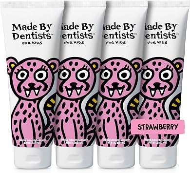 Made by Dentists Kids Fluoride Toothpaste 4-Pack - Anticavity Strawberry Childrens Toothpaste, SLS-Free, Enamel Safe, Natural Flavors, Vegan & Cruelty-Free, Toddler & Kids Ages 2+, Cheetah