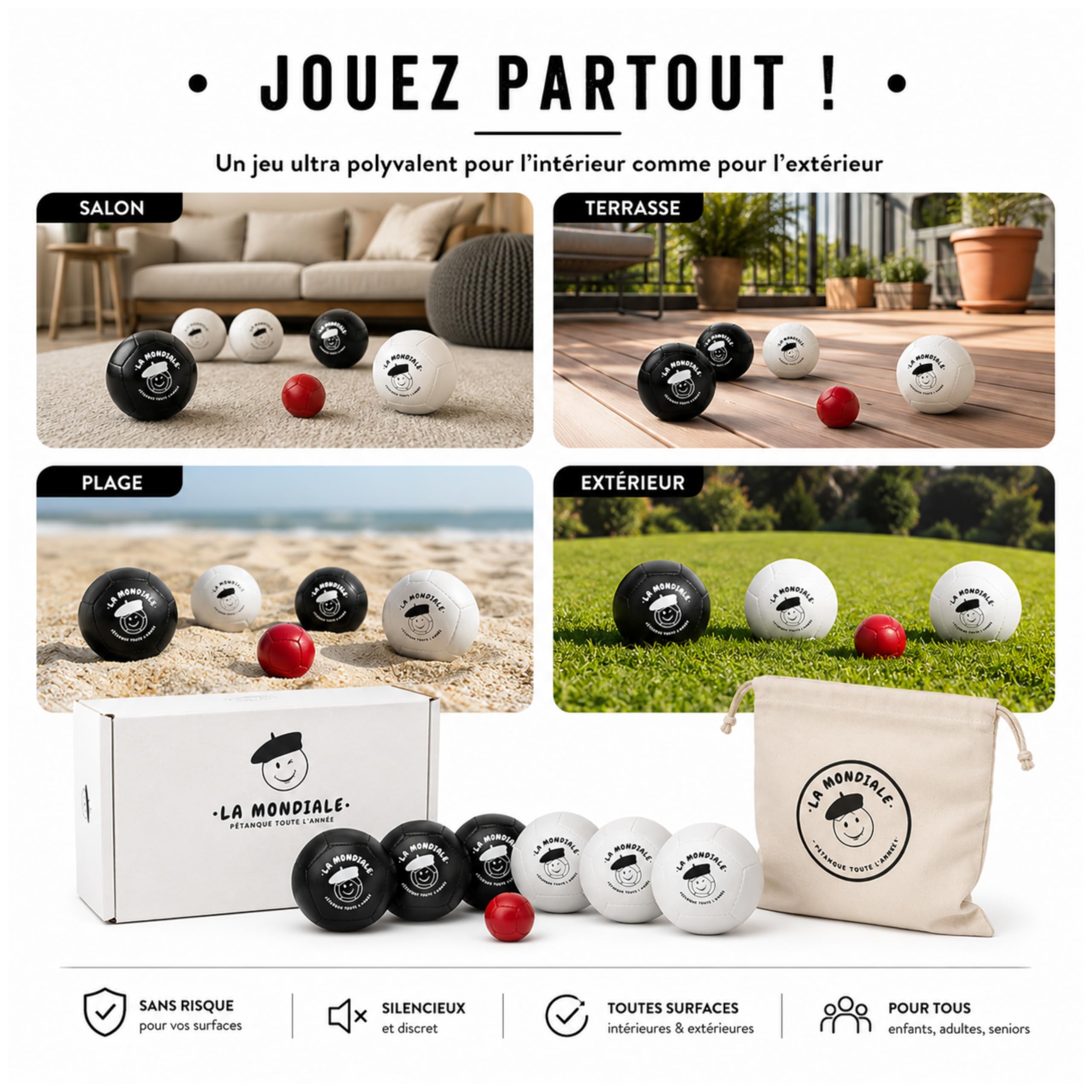 La Mondiale - Jeu de pétanque Intérieur – Kit 6 Boules + cochonnet – pour Enfant & Adulte – Utilisable sur Toutes Surfaces – Idée Cadeau Fun