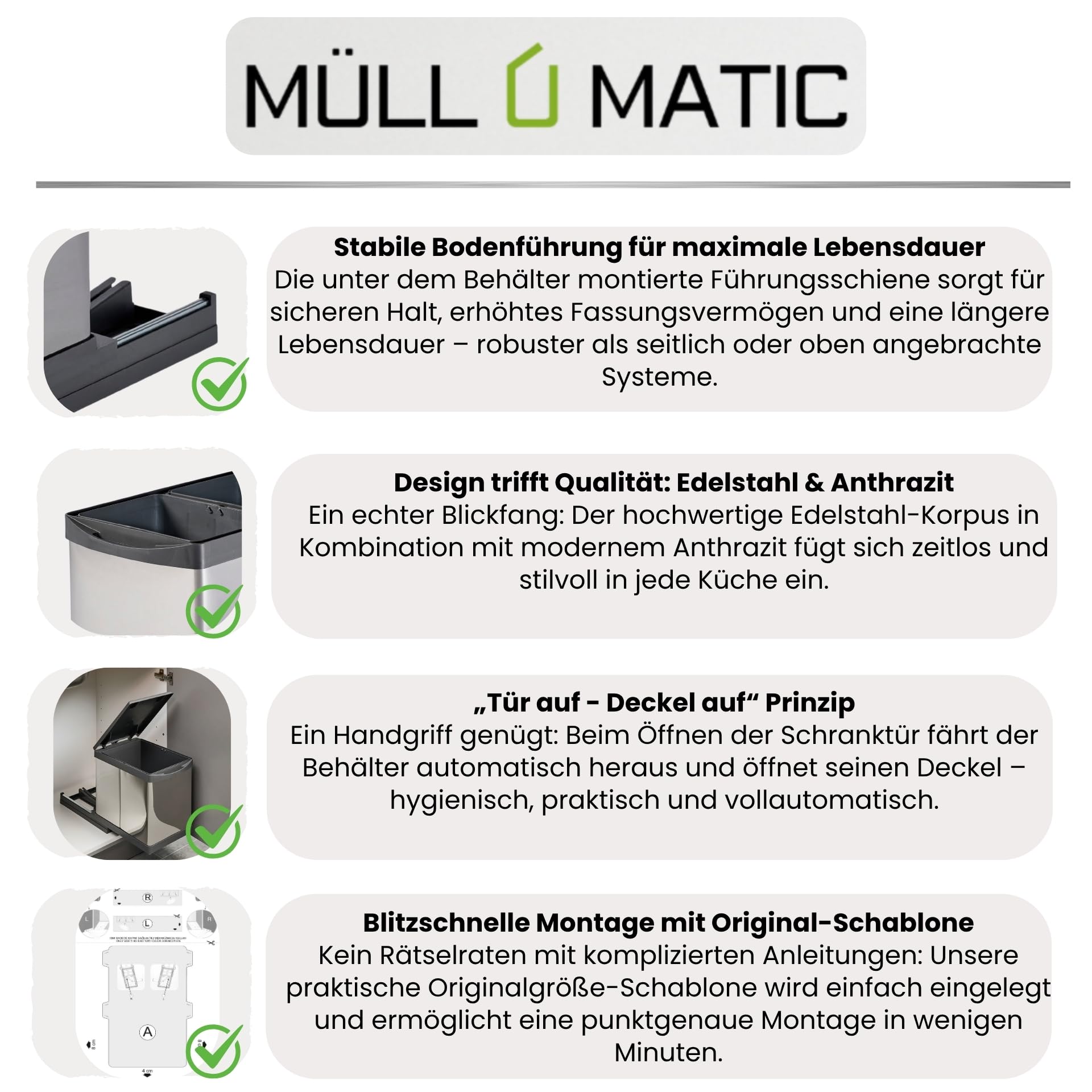 Aspira Home Müllomatic PRO 1 | SMART Einbau Mülleimer Küche ausziehbar, Abfallsammler für Unterschrank mit automatischem Auszug beim Türöffnen, 1 x 16 L Inneneimer, Edelstahl Kunststoff