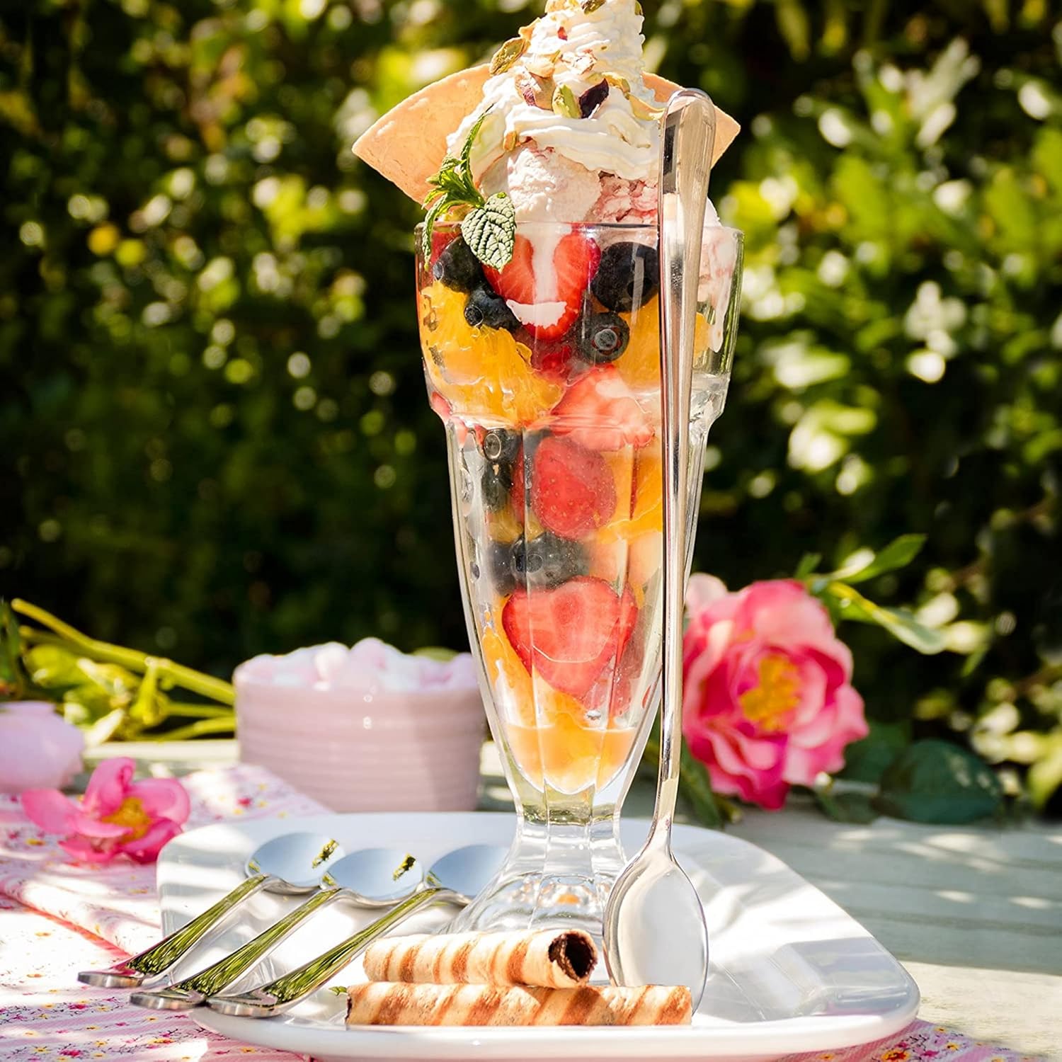 9-Piece Ice Cream Serving Set - 4 Cups, 4 Spoons, 1 Scoop for Sundaes, Milkshakes, Desserts - Silver, Large