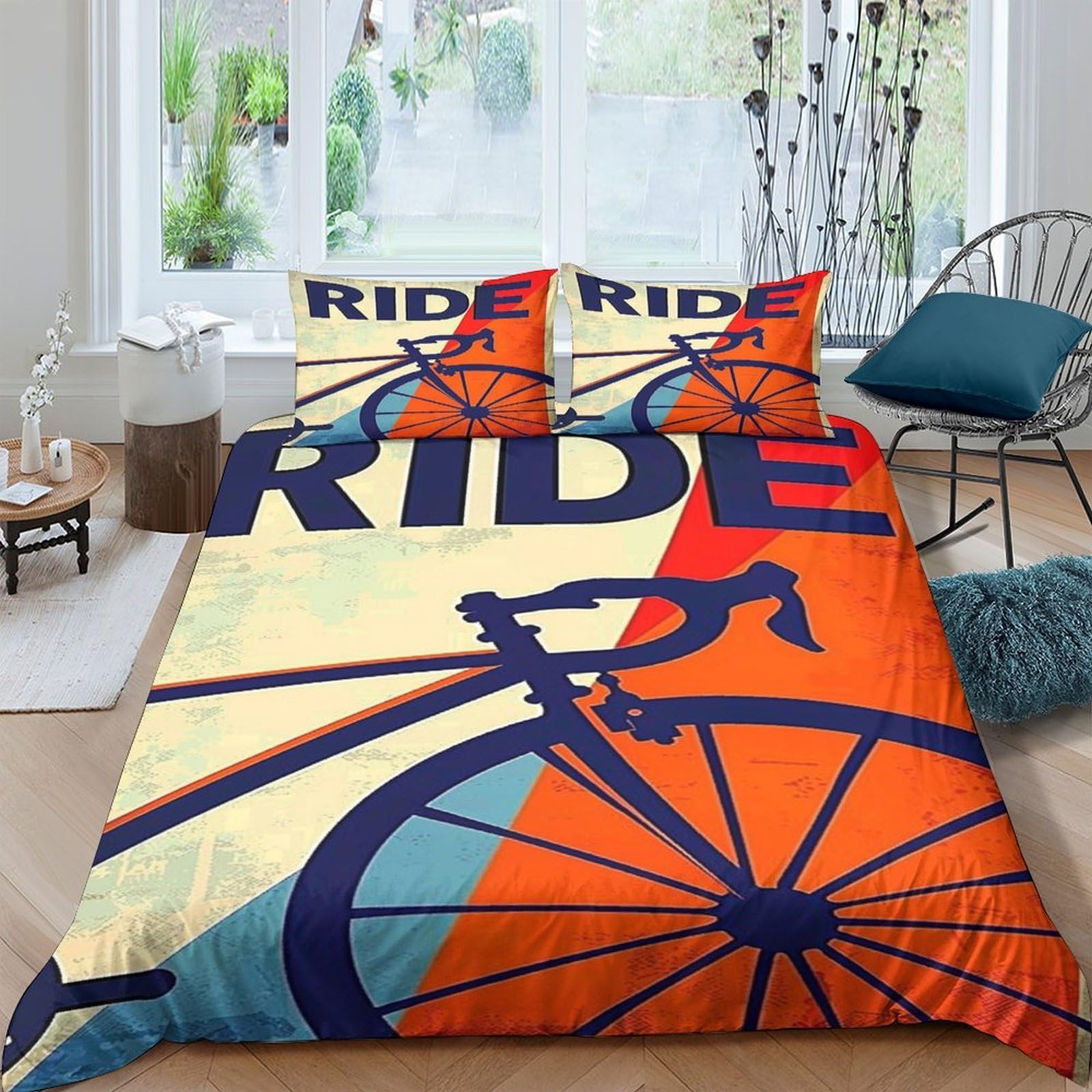 Ctjqhvkz Style-4 3D Printed Retro Bicycle Fitted Sheet Microfiber Orange Blue Ride Theme Mattress Cover For Bedroom Dorm Decor Single（135X200cm）