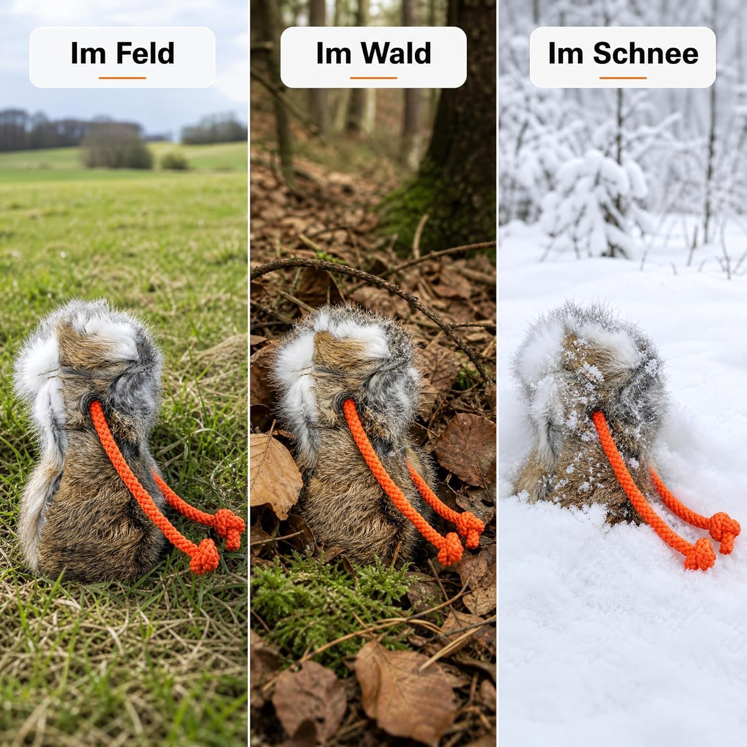 Romneys Dummy Hundetraining, Dummyball aus echtem Kaninchenfell mit neonoranger Wurfschnur, Apportierdummy Wurfball für Hunde mit Seil, Ø 8 cm, 150 g, robuste Metallöse, Outdoor