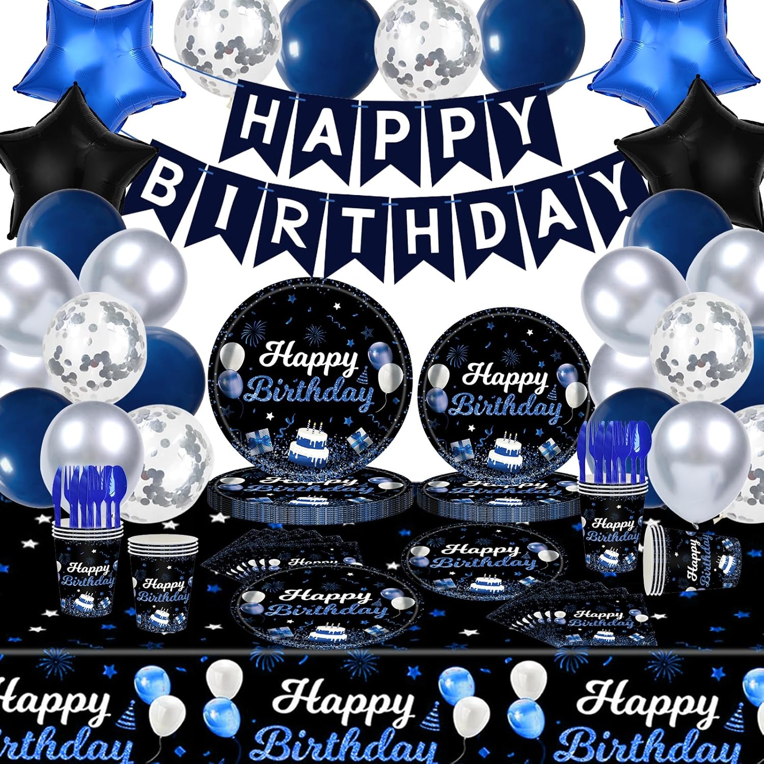 219Pcs Navy Blue Birthday Party Supplies Happy Birthday Party Decorations for Men Boys Blue Plates Napkins Cups Tableware Set Banner Tablecloth Confetti Balloons, Serves 24
