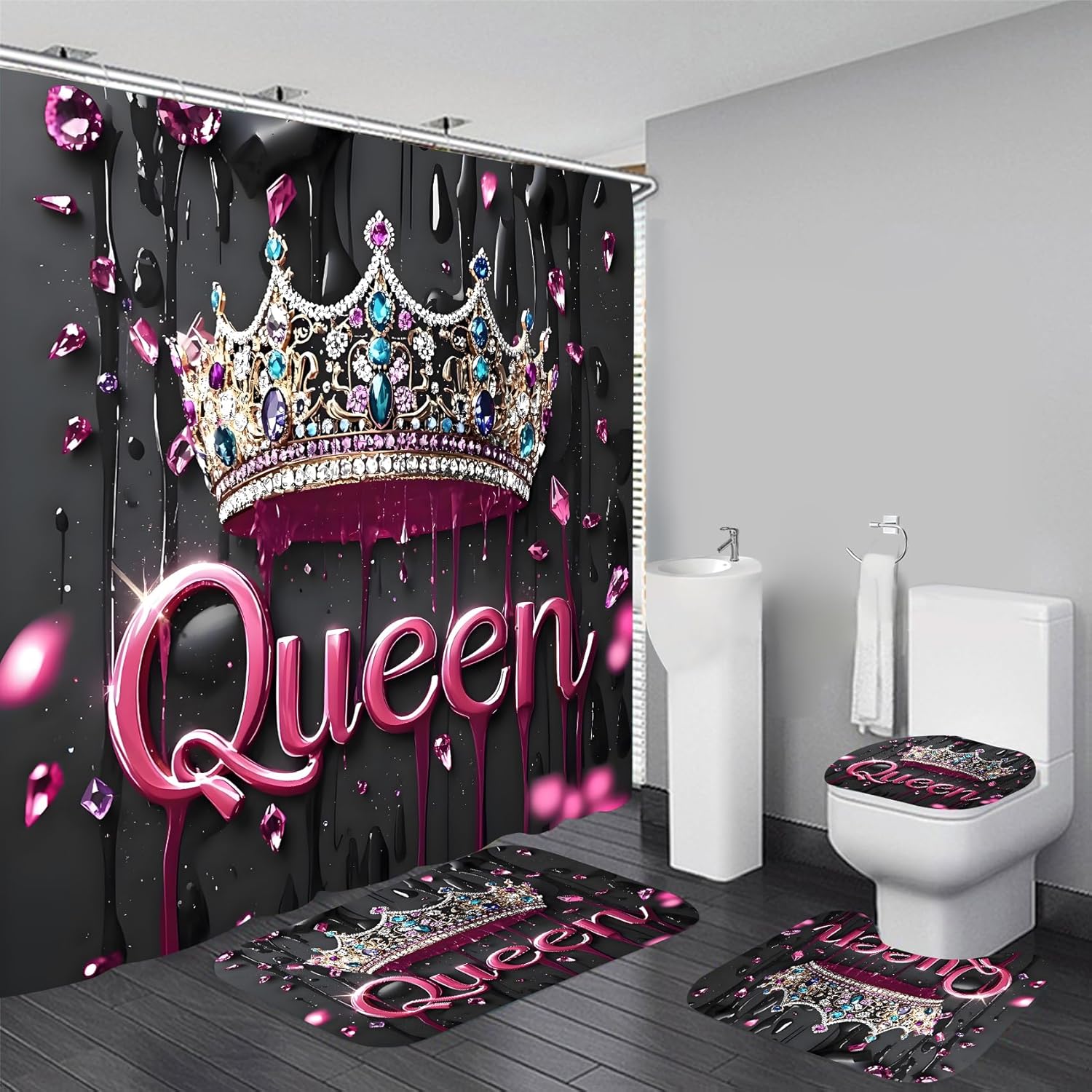 AZHM Pink Crown Print Shower Curtain Set 4 PCS Glitter Crystal Bathroom Decor with Shower Curtain and Rugs