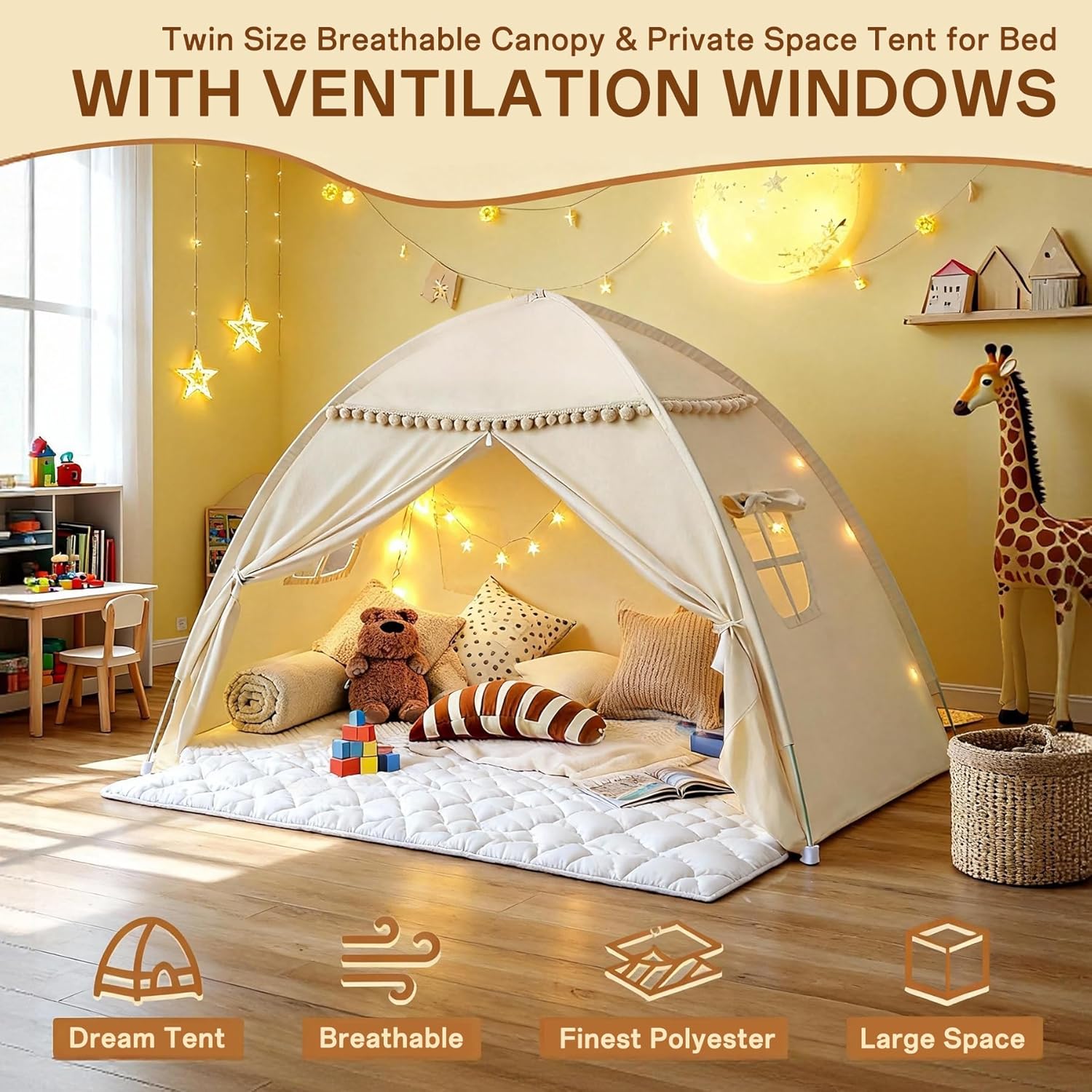 Bed Tent Twin Size for Girls & Boys - Indoor Privacy Toddler Sleeping Teepee with Blackout Design, Breathable Portable Twin Bed Tent for Drafty Rooms, Cottage Floor Camping (Twin Beige)