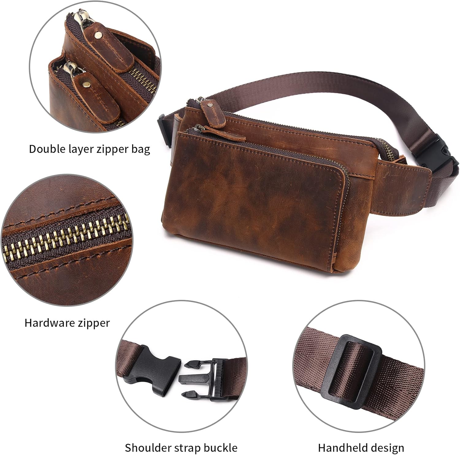 Vintage Leather Waist Bag Fanny Pack for Men Women Hip Bum Bag with Adjustable Strap for Outdoors Workout Traveling Casual Running Hiking Cycling Deep Brown - Image 3
