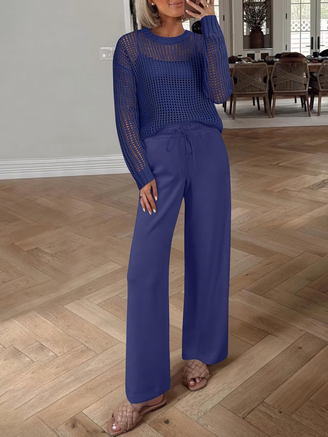 ANRABESS Womens 2 Piece Outfits Crochet Sheer Knit Sweater Top Wide Leg Pants Lounge Set Sweatsuit 2026 Spring Travel Clothes - Image 6