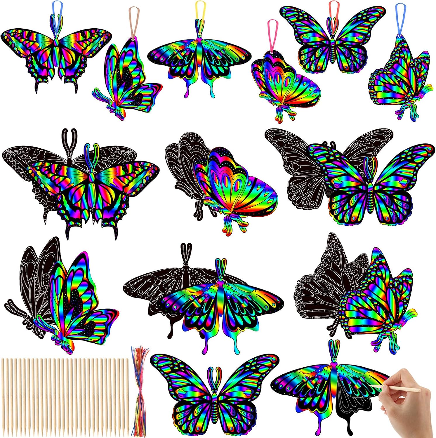 Soulchen 60 Pcs Day of The Dead Monarch Butterfly Scratch Craft Kit Día De Los Muertos DIY Magic Scratch Paper Halloween Butterfly Art Hanging Ornaments for Mexican Party Supplies