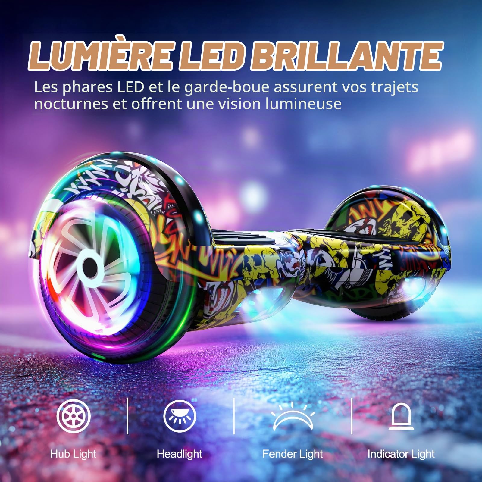 SISGAD Hoverboard, Gyropode électrique 6,5 Pouces Hoverboard Hover Scooter Board avec Musique Bluetooth, lumières LED et Moteur Puissant pour Enfants et Adolescents