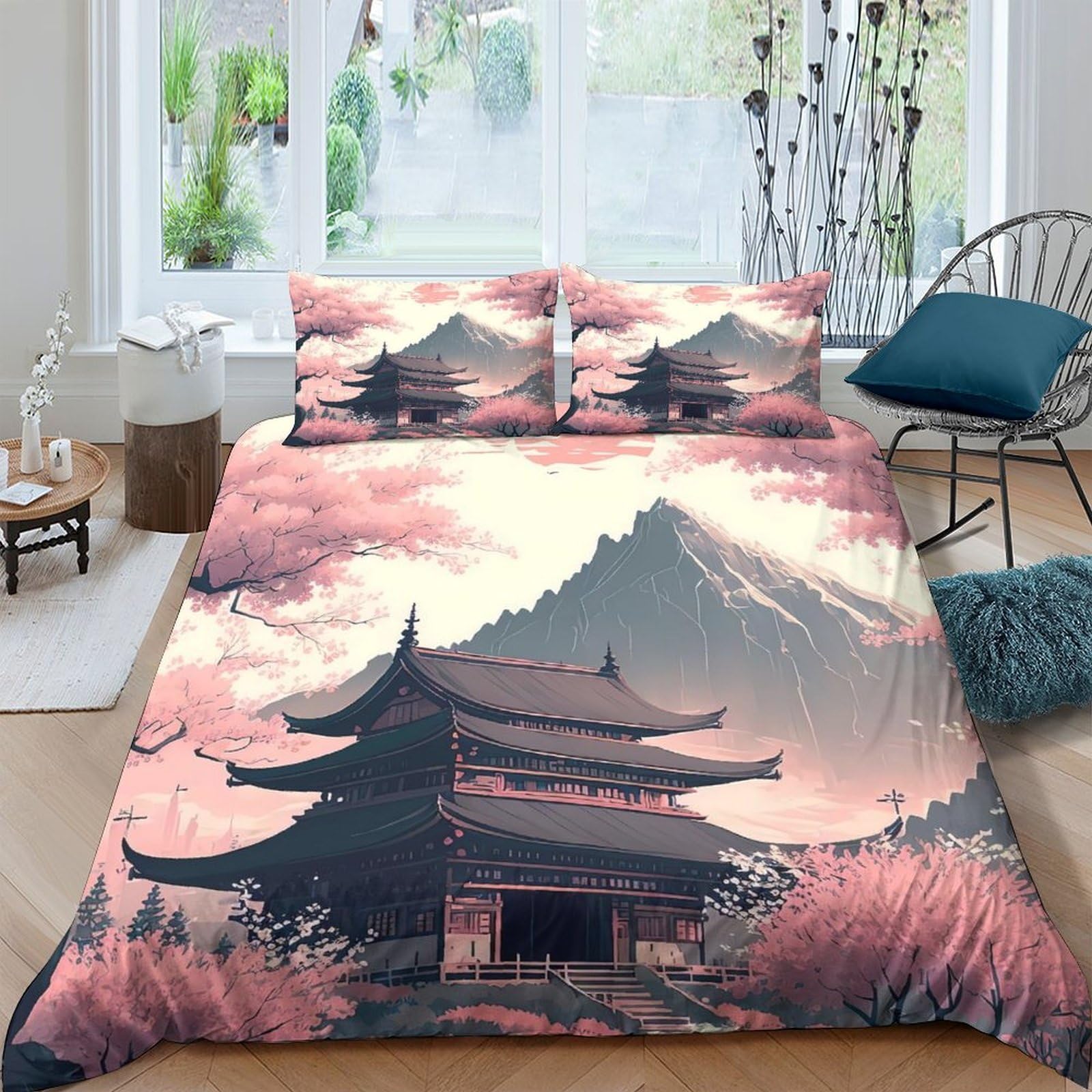 Ctjqhvkz Style-1 3D Printed Japanese Pagoda Fitted Sheet Microfiber Soft Cherry Blossom Mountain Bed Cover For Bedroom Guestroom Decor Single（135X200cm）