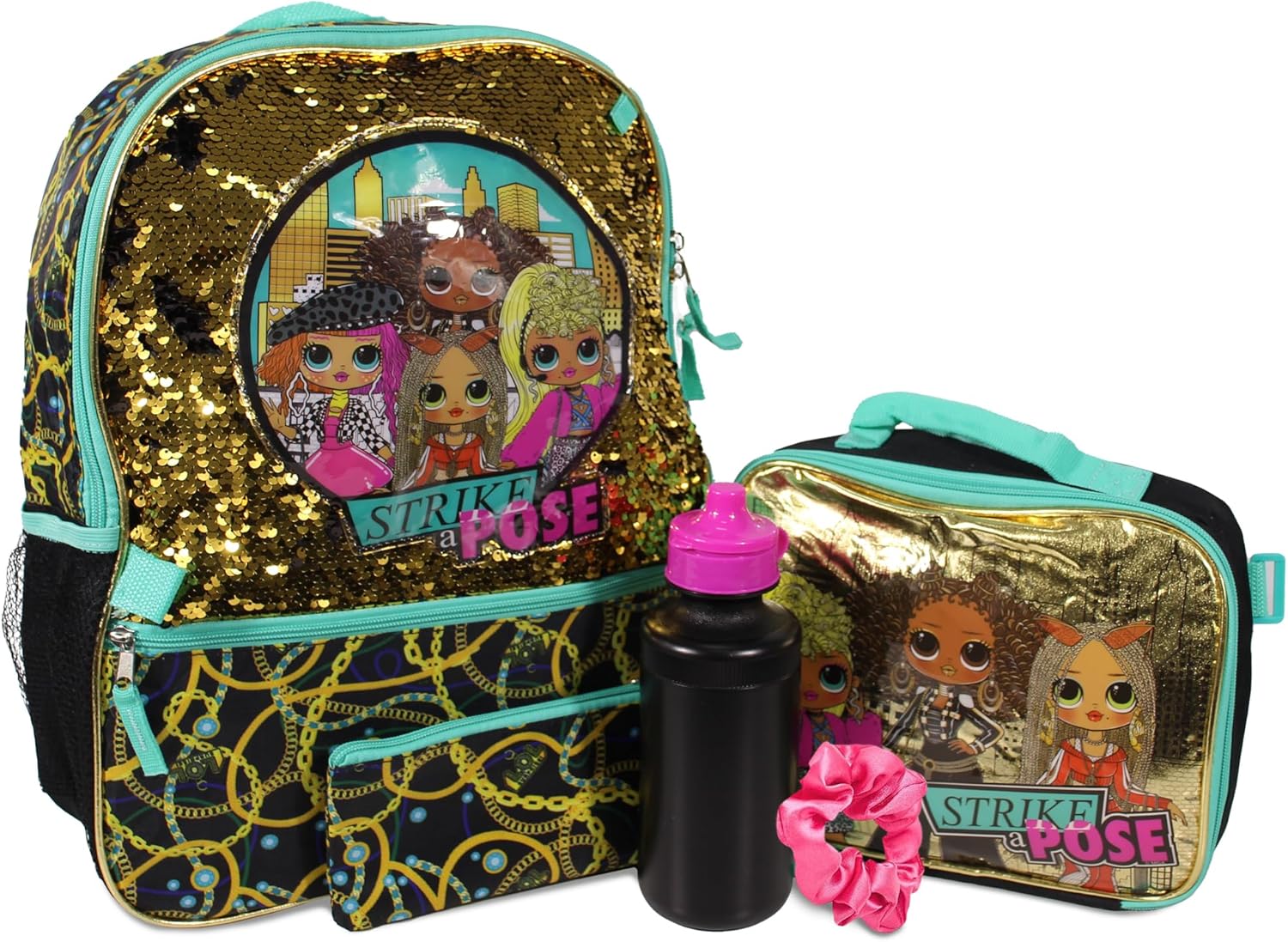 L.O.L. Surprise 5 Piece Backpack Set for Girls, O.M.G. Brush Glitter Sequin 16" School Bag, Black and Gold