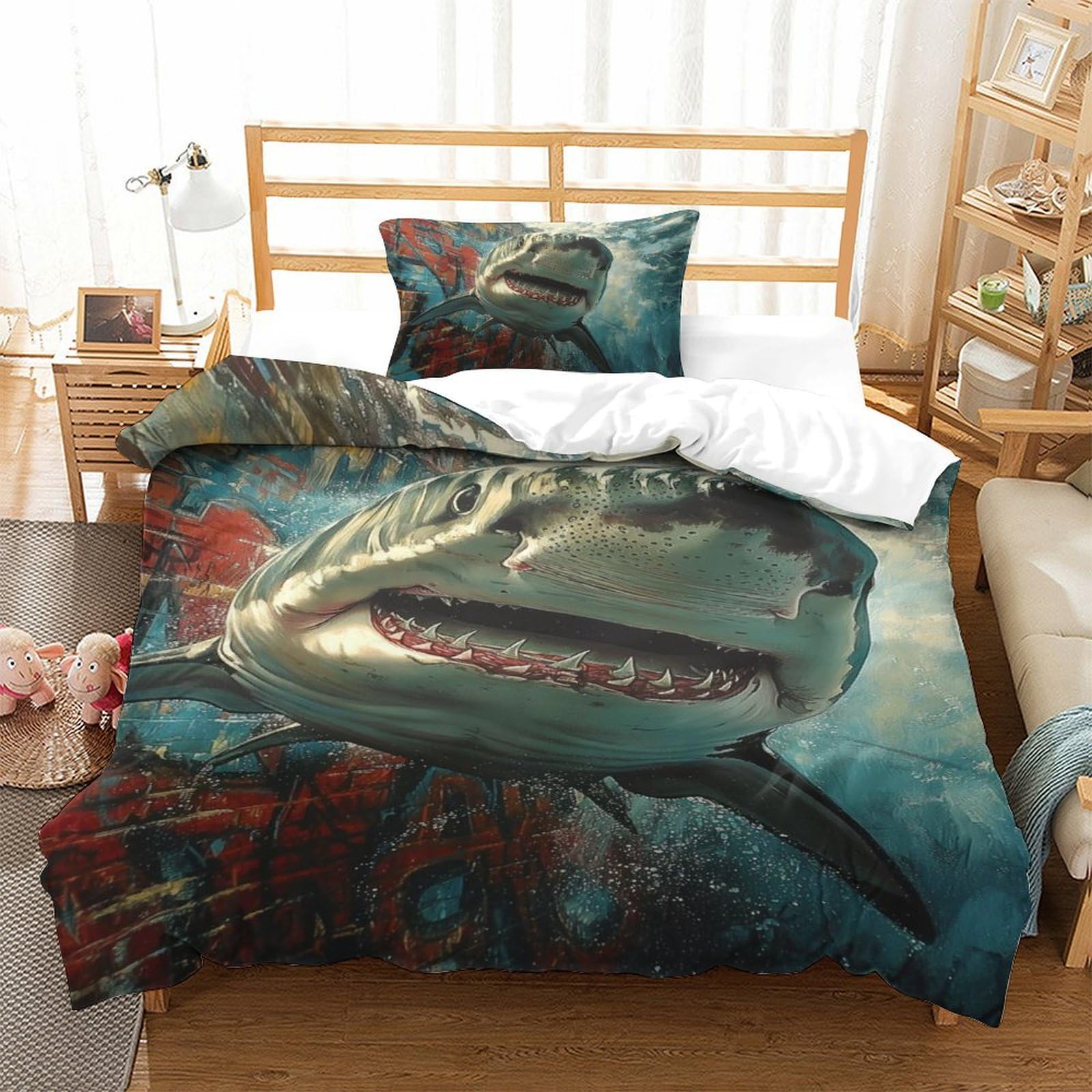 Housses de couettes grand requin blanc pour s'endormir sous la mer dans un cocon de douceur