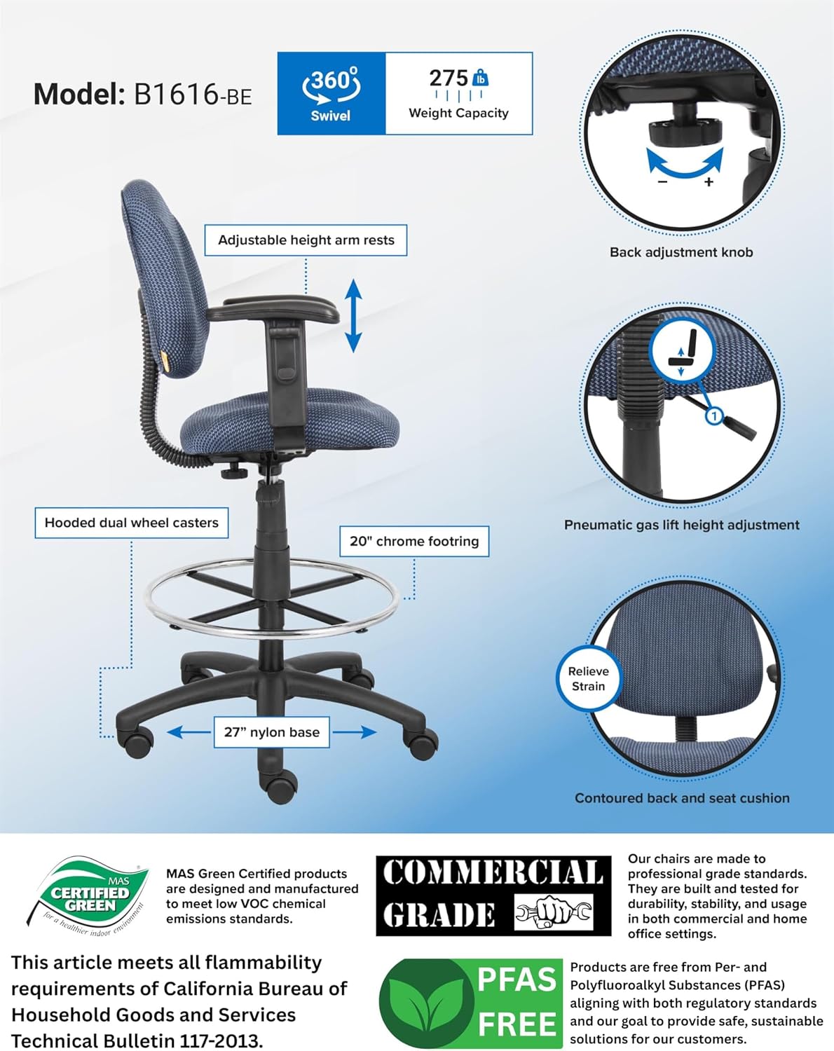 BOWERY HILL Contemporary Rolling Fabric Drafting Stool, Adjustable Height with Arms, Blue Finish, Contoured Back and Seat, Chrome Footring, Dual-Wheel Casters, Home or Office Use, 25" W x 25" D x