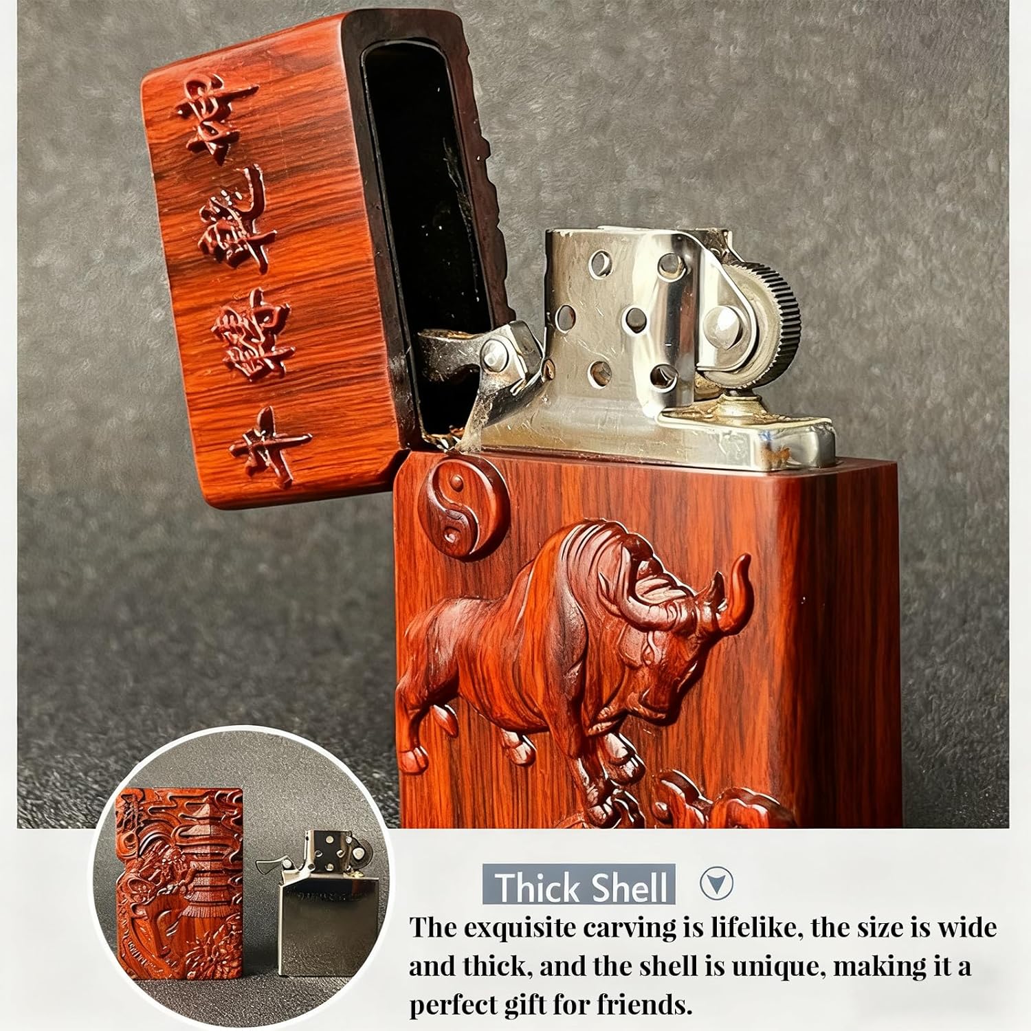 Natural Red Sandalwood Rosewood Carving Lighter Shell Box,Hand-Carved Case,Replaceable for Zippo (Case Only) (Style 8)