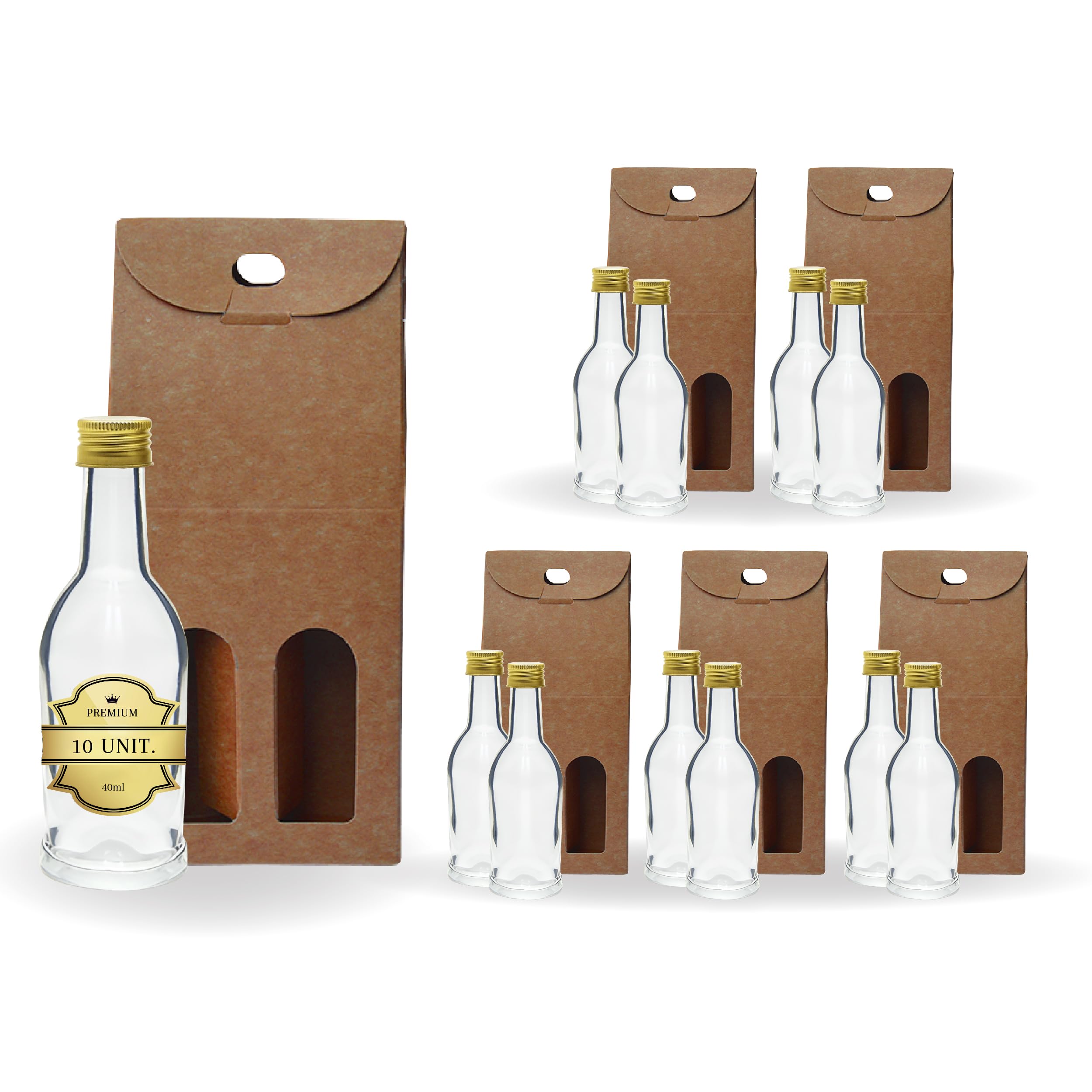 Paquete de 20 mini botellas de cristal Galão de 40 ml con tapón de rosca dorado y caja para 2 botellas- Miniaturas de alcohol de 4 cl, pequeñas muestras, ideal para regalos, bodas