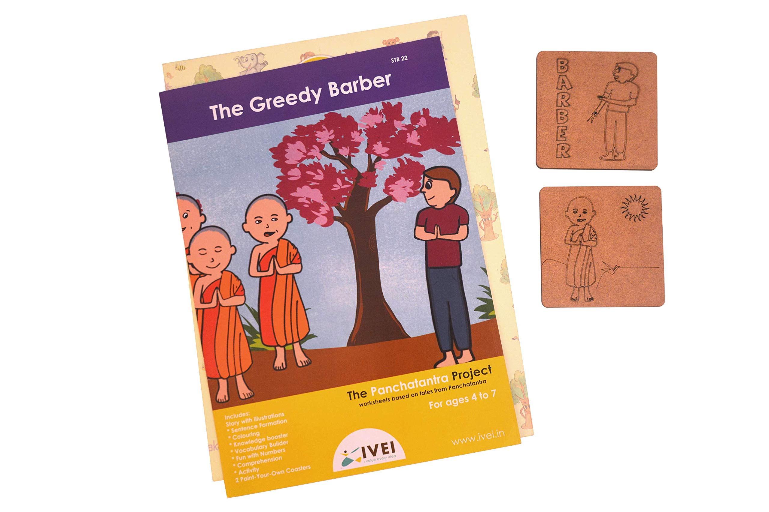 IVEI Panchatantra Story Kids Learning Book - Workbook and 2 DIY Coasters - Colouring Activity Worksheets - Creative Fun Activity and Education for Kids - The Greedy Barber (Age 4 to 7 Years) - Image 3 thumbnail