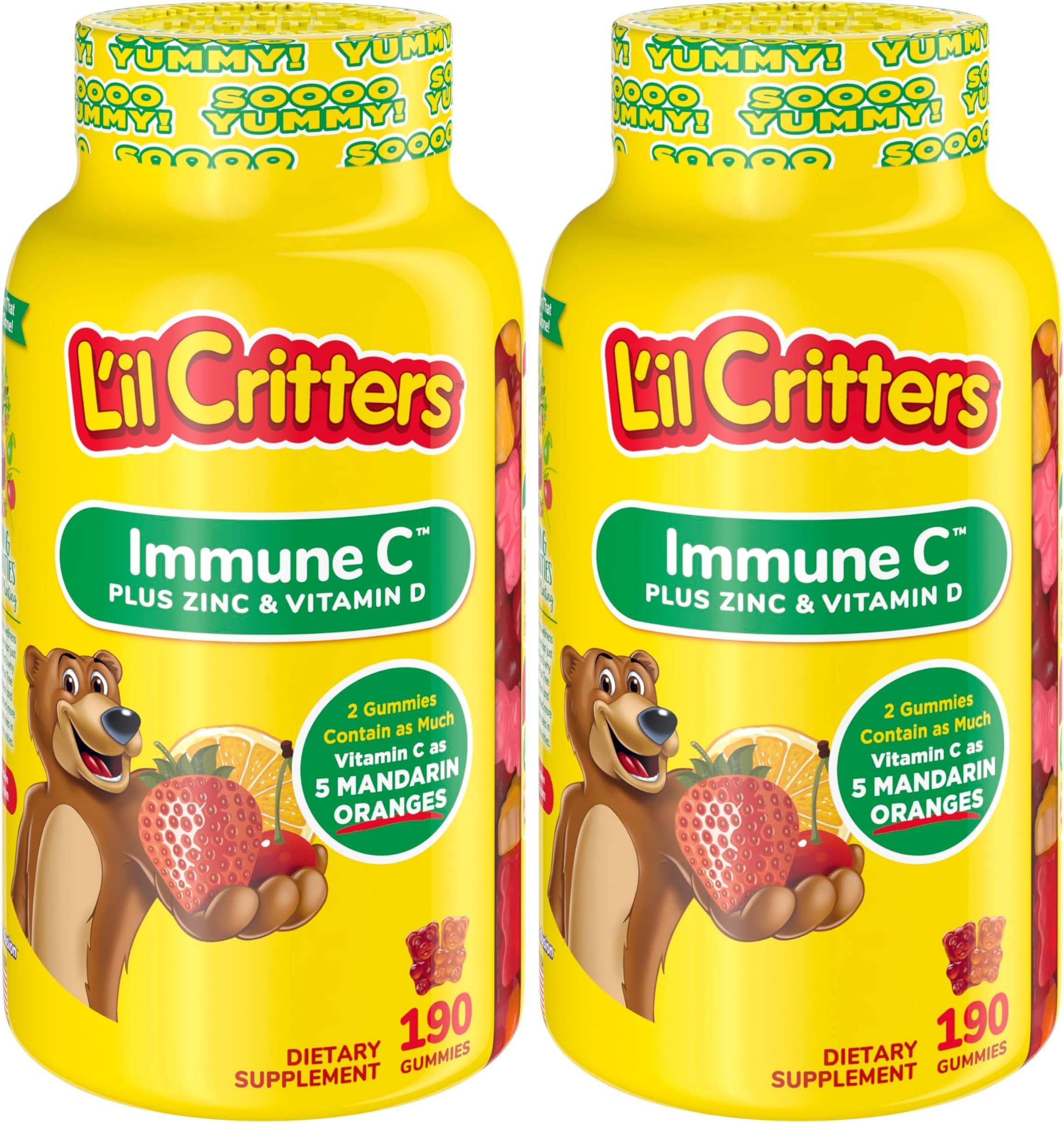 L’il Critters Immune C Daily Gummy Supplement Vitamin for Kids, Vitamin C, D and Zinc for Immune Support, Orange, Lemon, Strawberry and Cherry Flavors, 190 Gummies (Packaging May Vary) (Pack of 2)