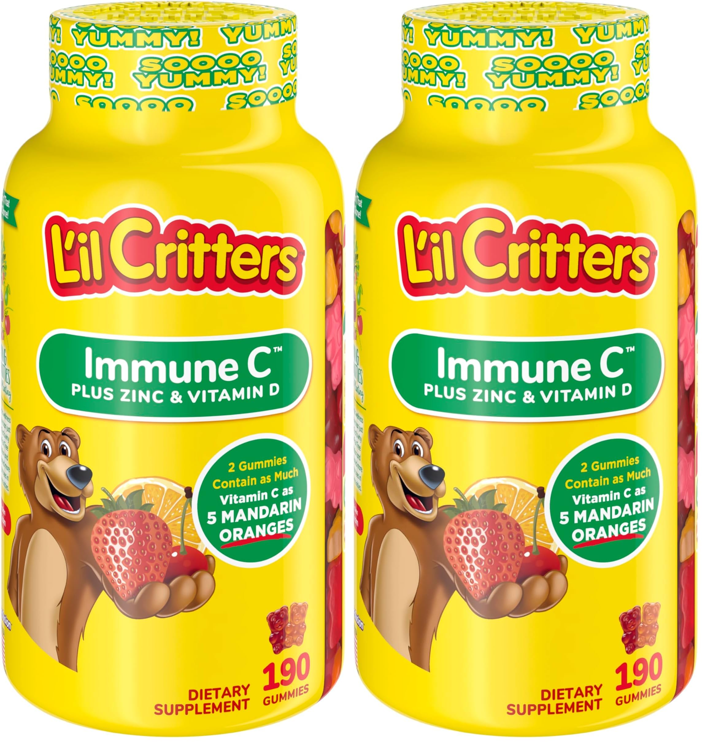 L’il Critters Immune C Daily Gummy Supplement Vitamin for Kids, for Vitamin C, D and Zinc for Immune Support, Orange, Lemon and Cherry Flavors, 190 Gummies (Pack of 2)
