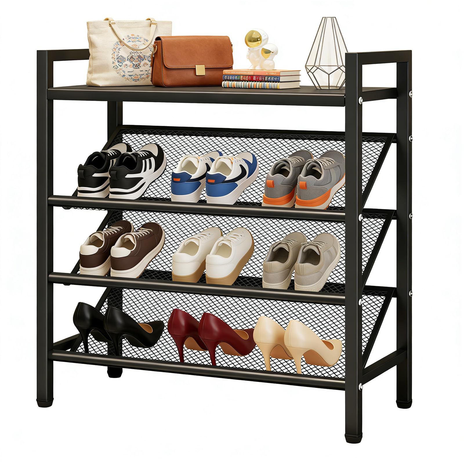 Tatqilo 4-Tier Narrow Shoe Rack, Slim Shoe Storage for 12-14Pairs, 45° Angle Shoe Organiser with Top Shelf for Entrance, Hallway Sturdy Standing(Black)