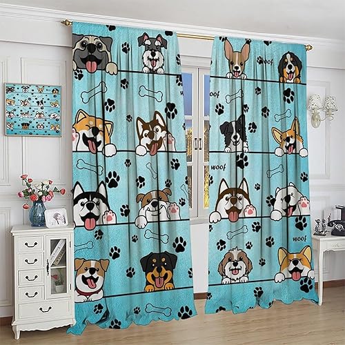 Miniatura 122 de Cortinas opacas con estampado de patas de perro, estampado de patas de perro y huesos, tratamiento de ventana, cortinas con aislamiento térmico