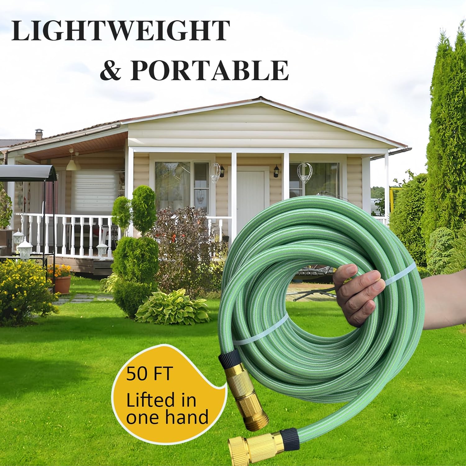 50FT Garden Hose - 10 Function Nozzle, Solid Brass Connector, High Pressure No-Kink for Car Wash & Yard