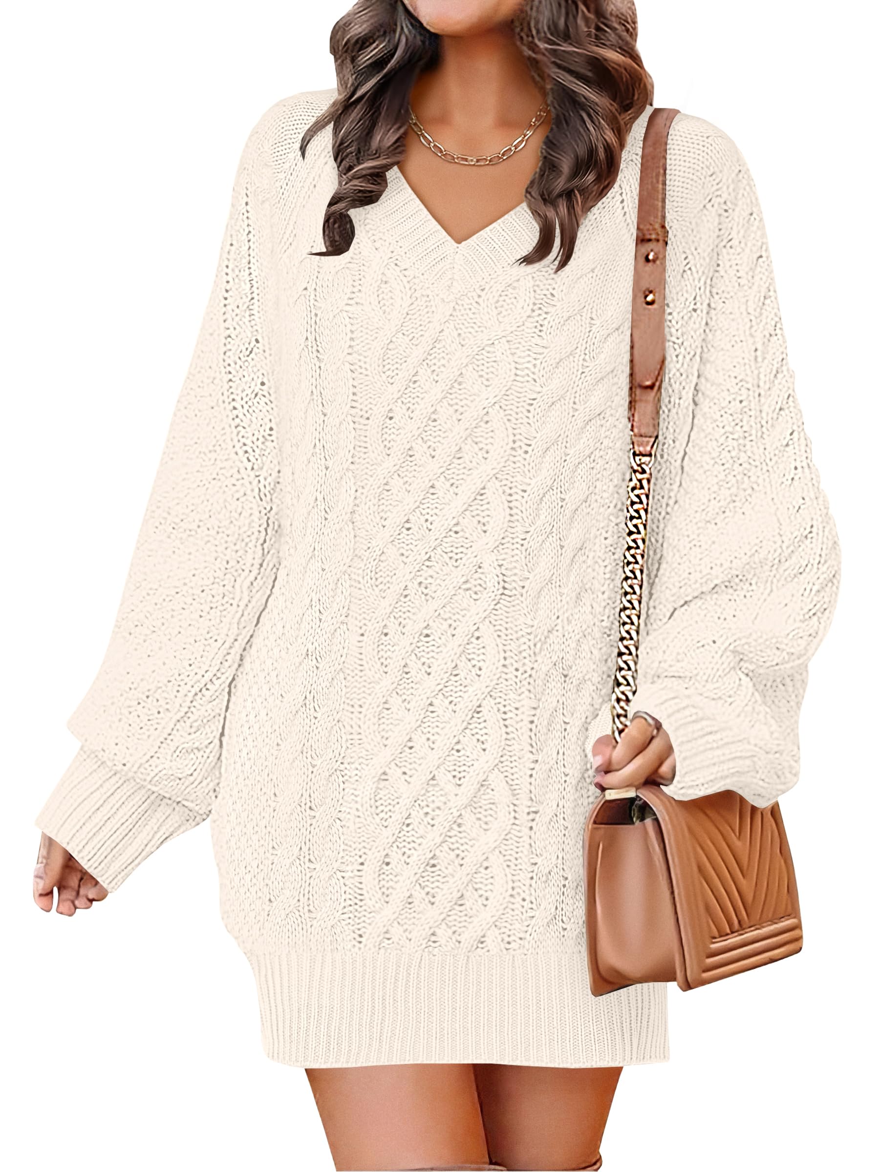 ANRABESS Womens Long Sleeve V Neck Oversized Cable Knit Mini Sweater Dresses 2025 Winter Fall Trendy Pullover Tunic