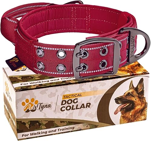 ADITYNA Collar de perro resistente para perros grandes, collar reflectante burdeos con asa para entrenar y caminar, ancho, grueso, táctico,