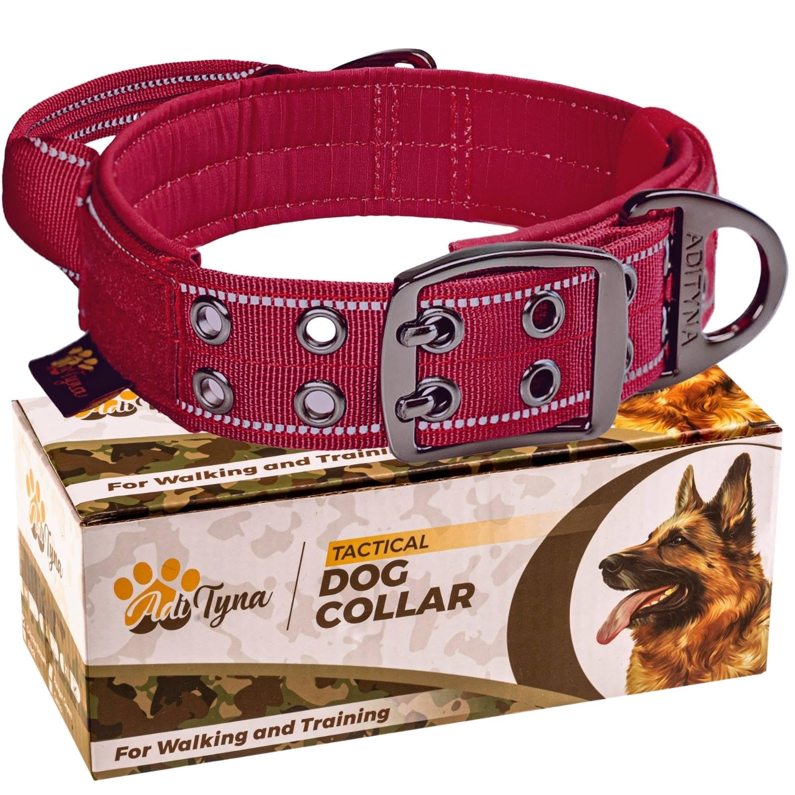 ADITYNA - Collar de perro resistente con asa - Collar reflectante de color burdeos para perros grandes - Ancho, grueso, táctico, acolchado suave