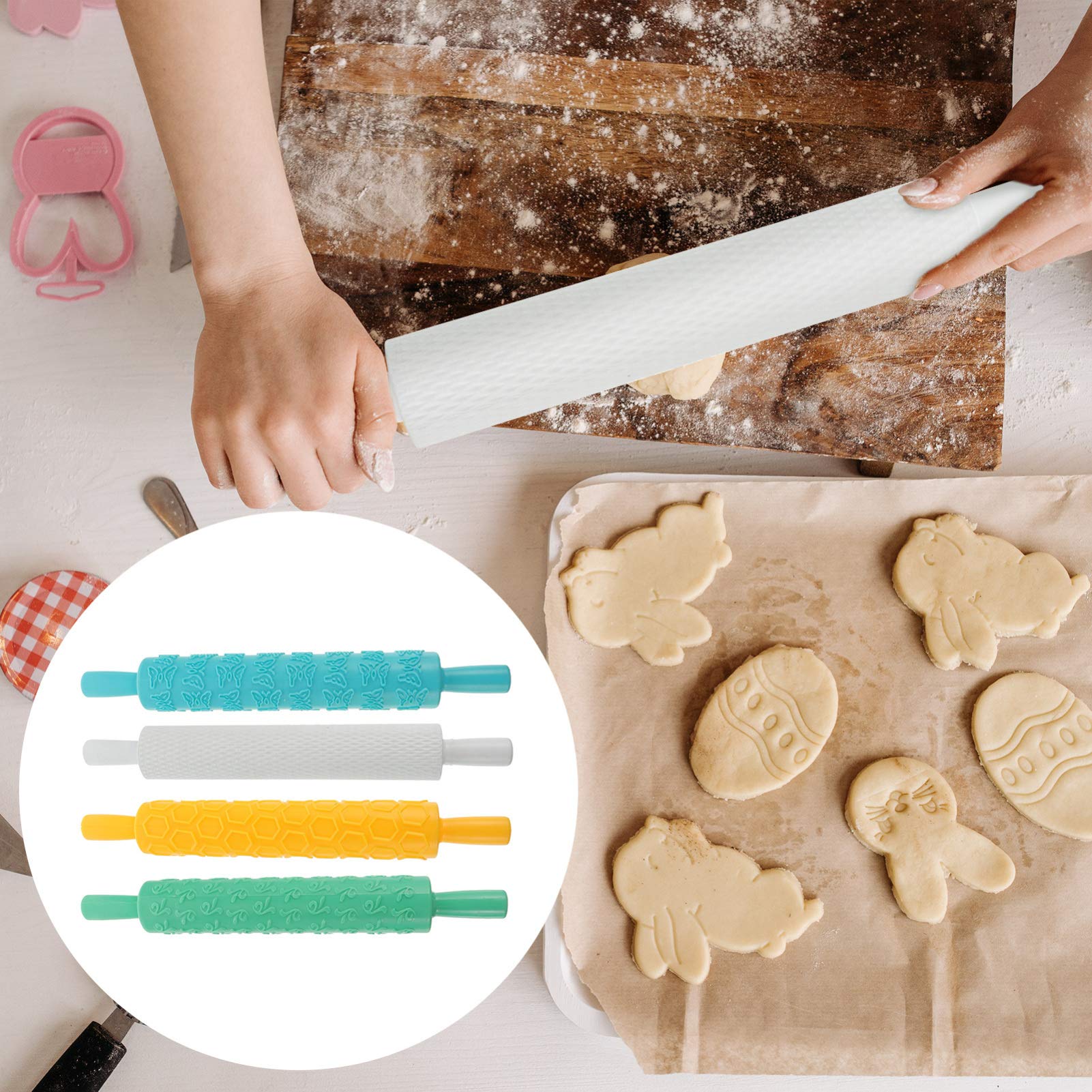 Juego de 4 Rodillos de Amasar Relieve de Plástico para Hacer Galletas y Pasta, Material Plástico de Grado Alimenticio, para Hornear y Utensilios de Repostería en Fiestas Infantiles