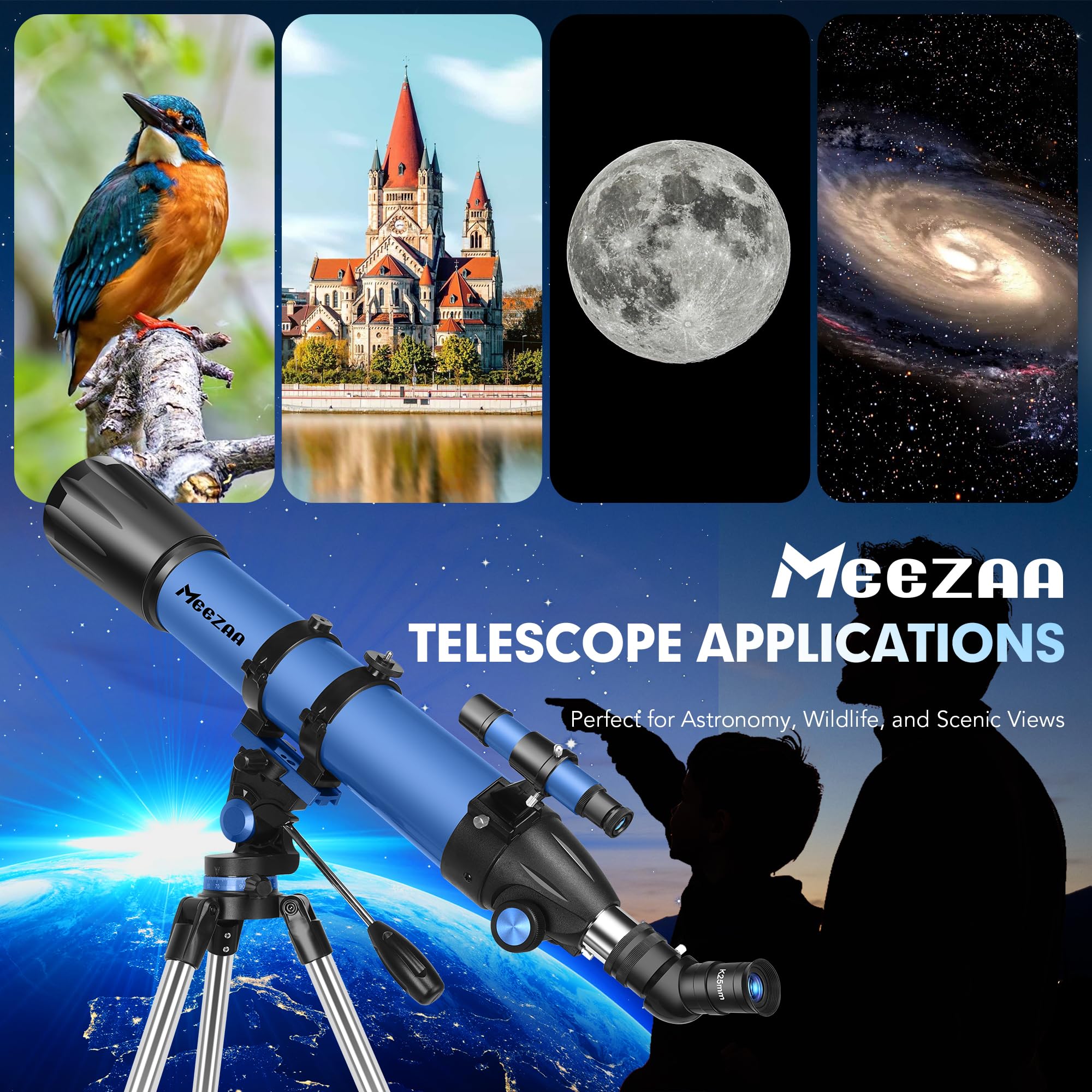 MEEZAA Télescope, Télescope Astronomique Adultes Enfants et Débutants, 90 mm Ouverture 800 Professionnel Télescopes Réfracteur avec Trépied, Sac de Transport, Adaptateur de Téléphone et Filtre Lunaire