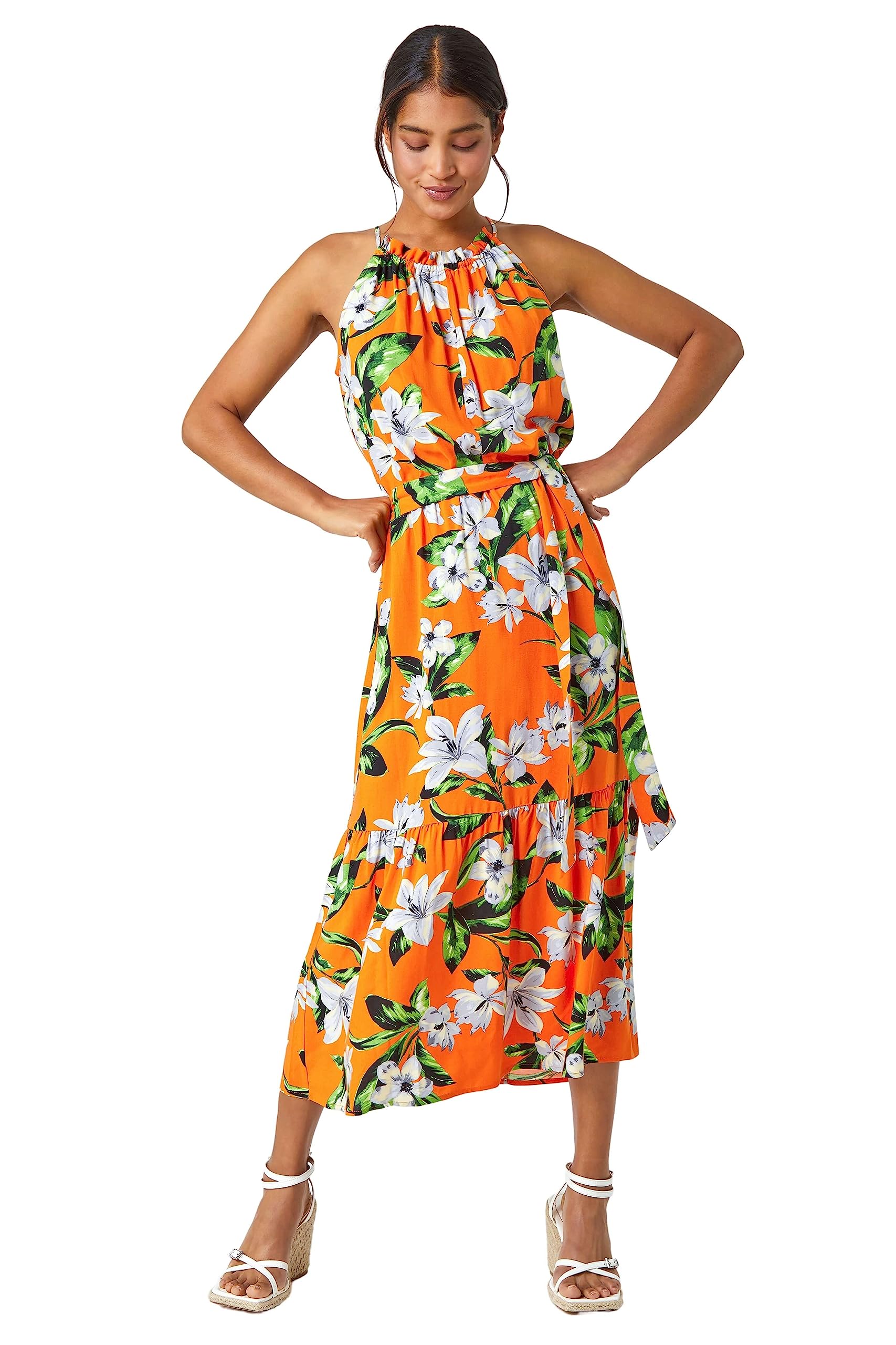 Roman Women's Tropical Floral Halter Neck Tiered Dress in Orange | Size: 20