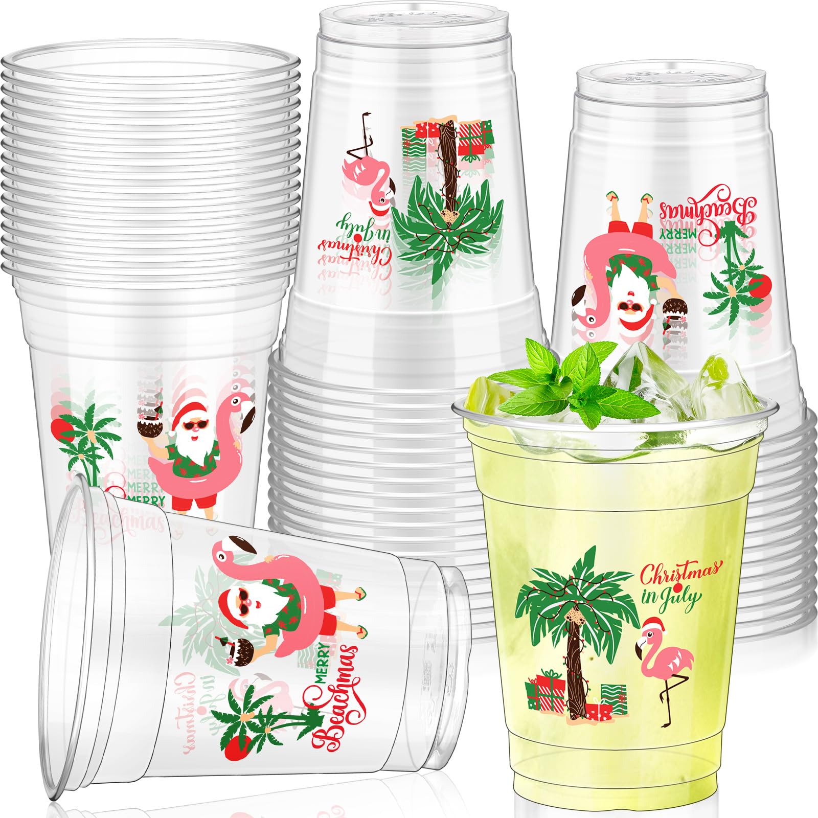 Jingmore 50 Pcs Christmas in July Disposable Plastic Cups Bulk 12 oz July Clear Thick Merry Beachmas Cups Summer Christmas Decorations Hawaiian Themed Party Decorations Holiday for Beer Coffee