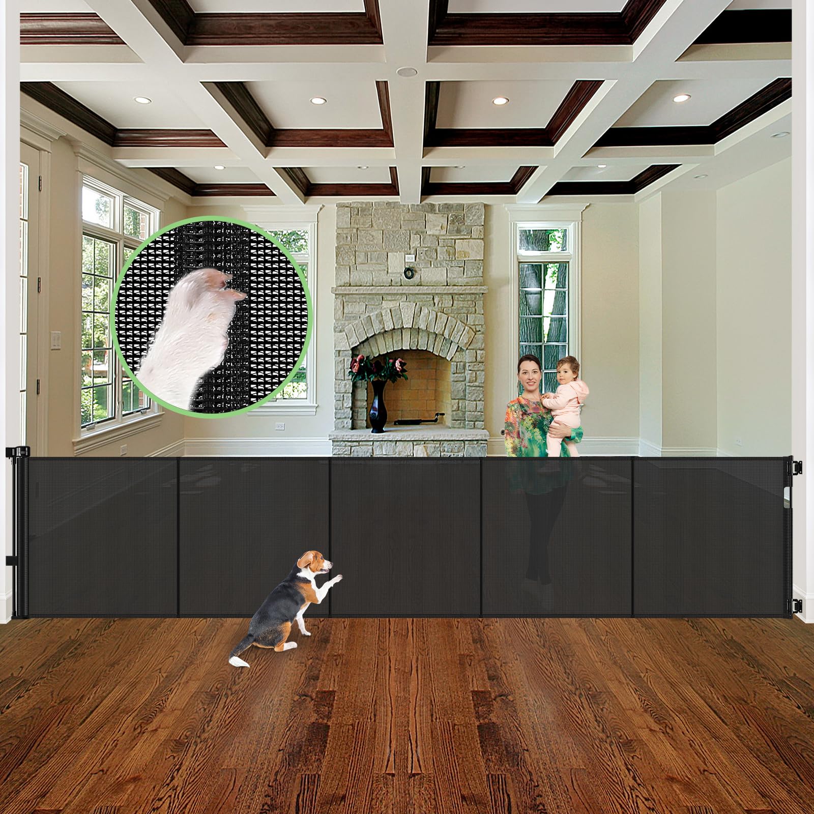 Reinforced 155" Extra Wide Baby Gate Retractable Dog Gate with Support Rods – Prevent Crawling Under, 13ft Retractable Baby Gates Long Gates for Kids